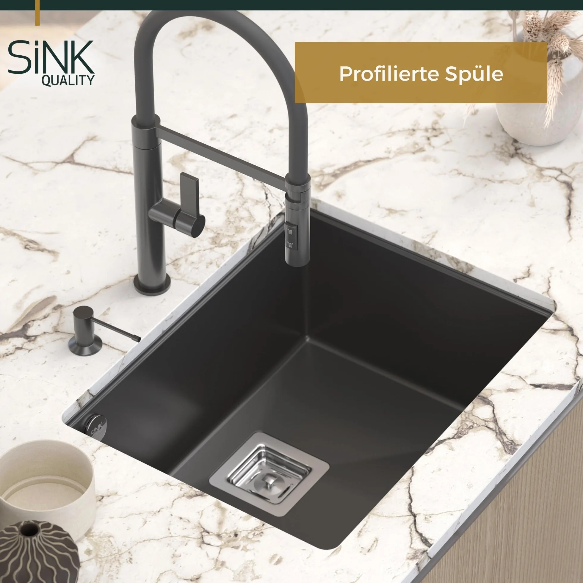 Sink Quality zlewozmywak do zabudowy czarny 55 x 42 cm – zlewozmywak do zabudowy w jednej płaszczyźnie wraz z syfonem złotym i środkiem impregnującym – granitowy zlewozmywak do szafki pod umywalkę 60