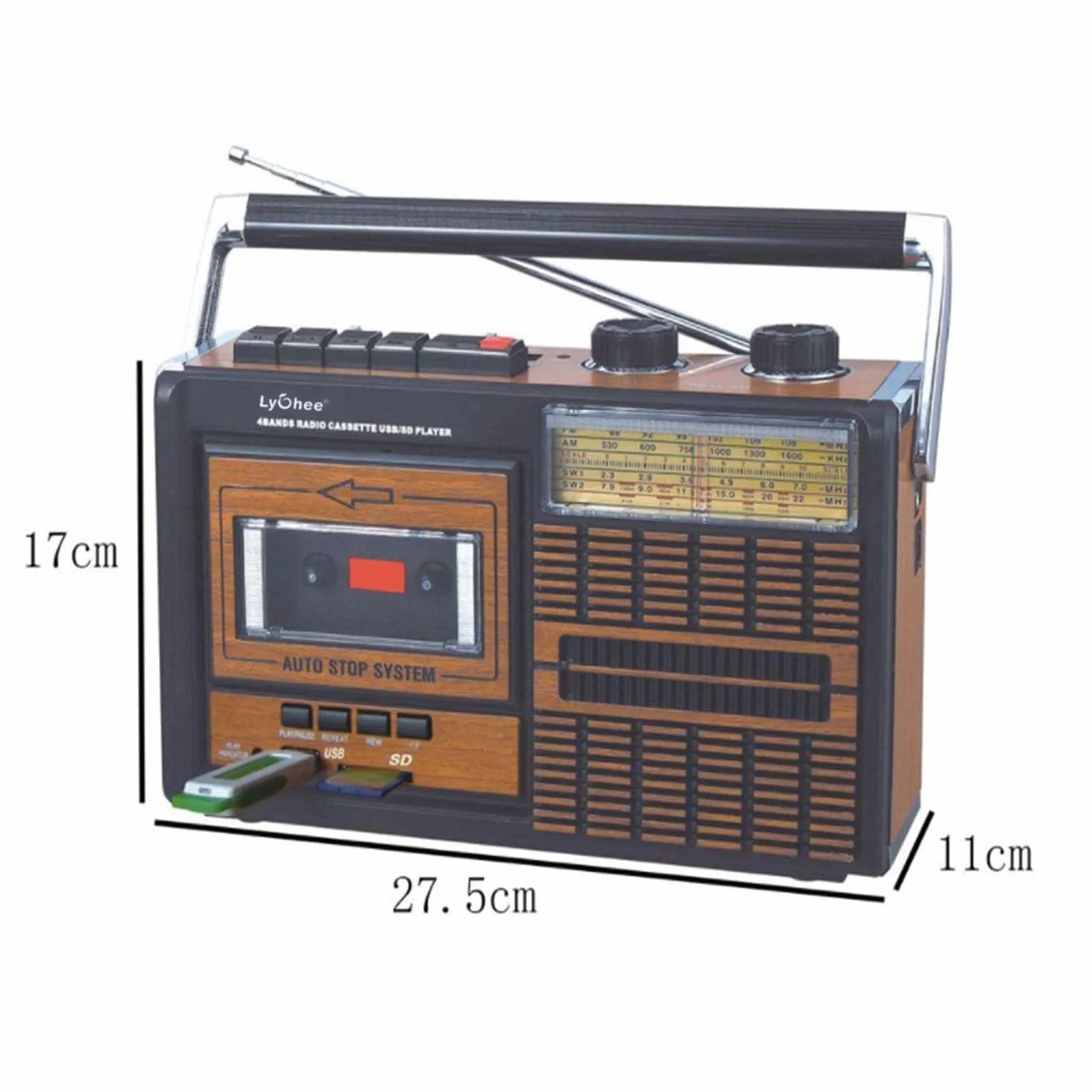 Lychee Boombox Przenośny magnetofon kasetowy retro AM/FM/SW1-2 SD/USB brązowy F319U