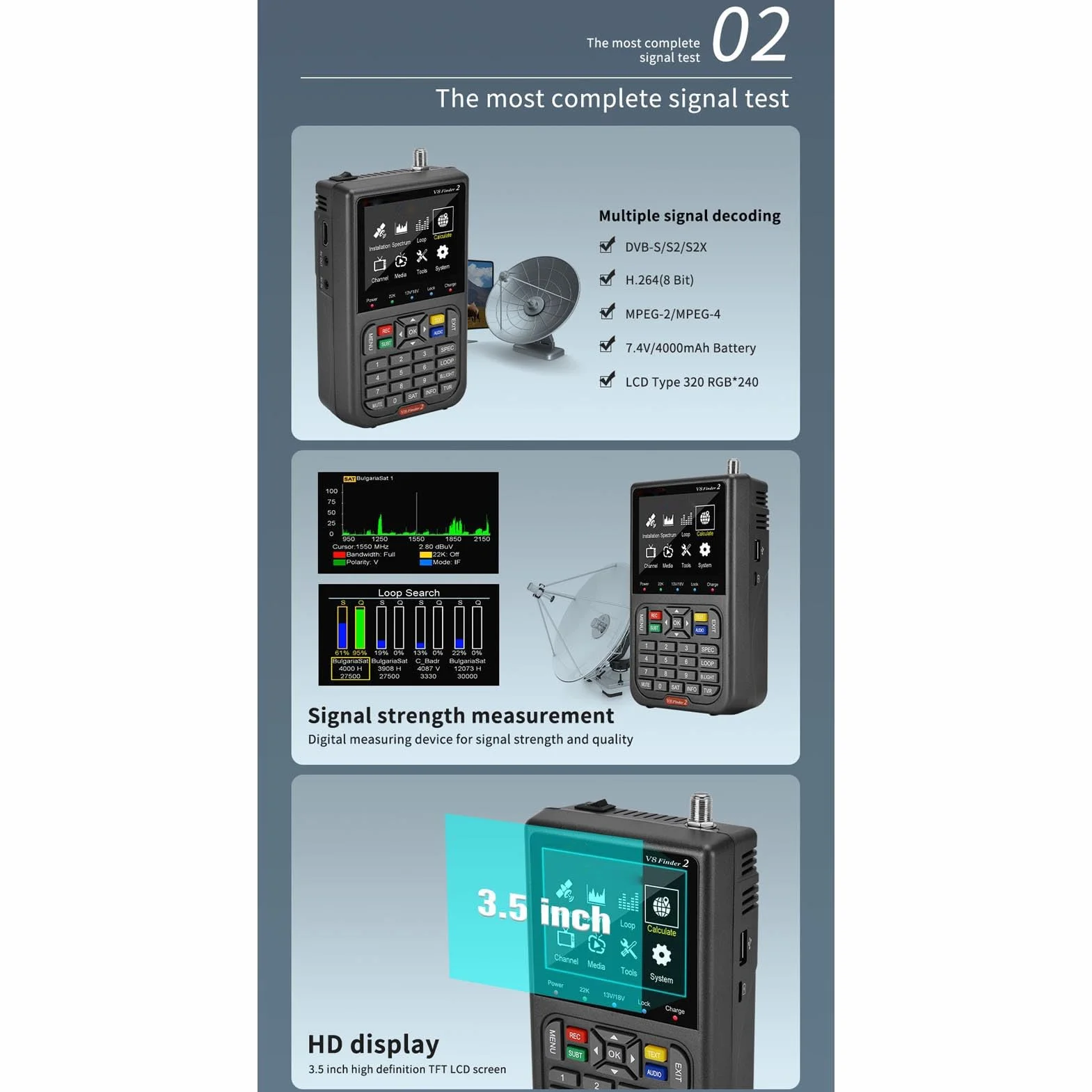 Miernik Sygnału Satelitarnego V8 Finder 3, 3,5-calowy LCD HD, Bateria 4000 mAh, Odbiornik S2X/S2/S MPEG-2/4