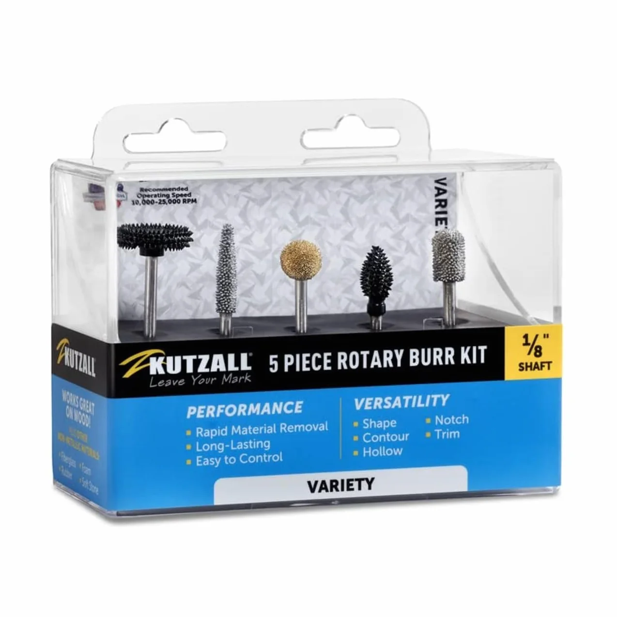 Kutzall 5-Piece Rotary Burr Kit - 1⁄8" Shaft, Variety Grit - Woodworking Attachment for Dremel, Foredom, Ryobi, DeWalt, Milwaukee Tools - Structured Tungsten Carbide