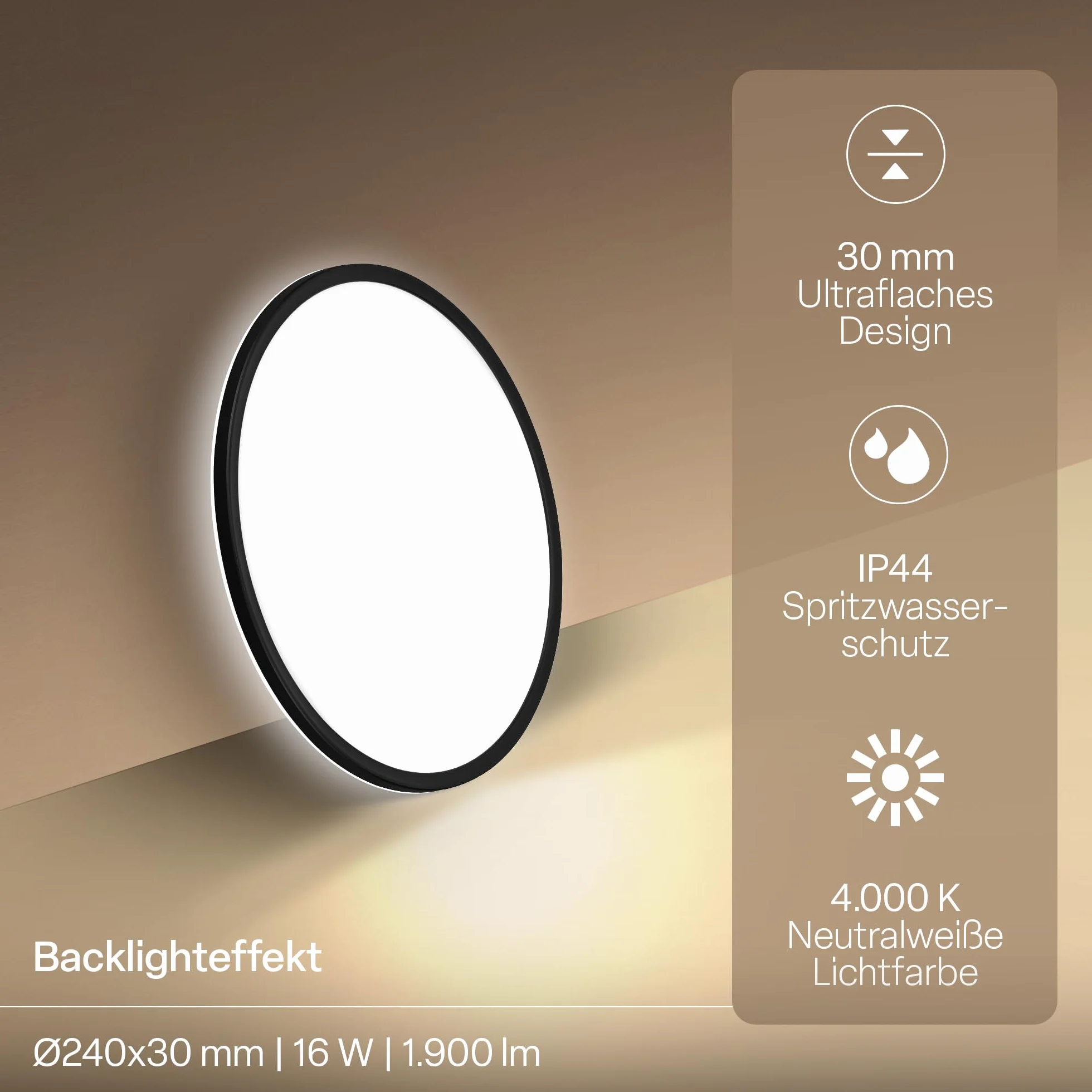 B.K.Licht - Panel LED z oświetleniem pośrednim, płaska forma i neutralne białe światło, klasa IP44, lampa sufitowa do łazienki, salonu oraz kuchni, 24 x 3 cm, czarny