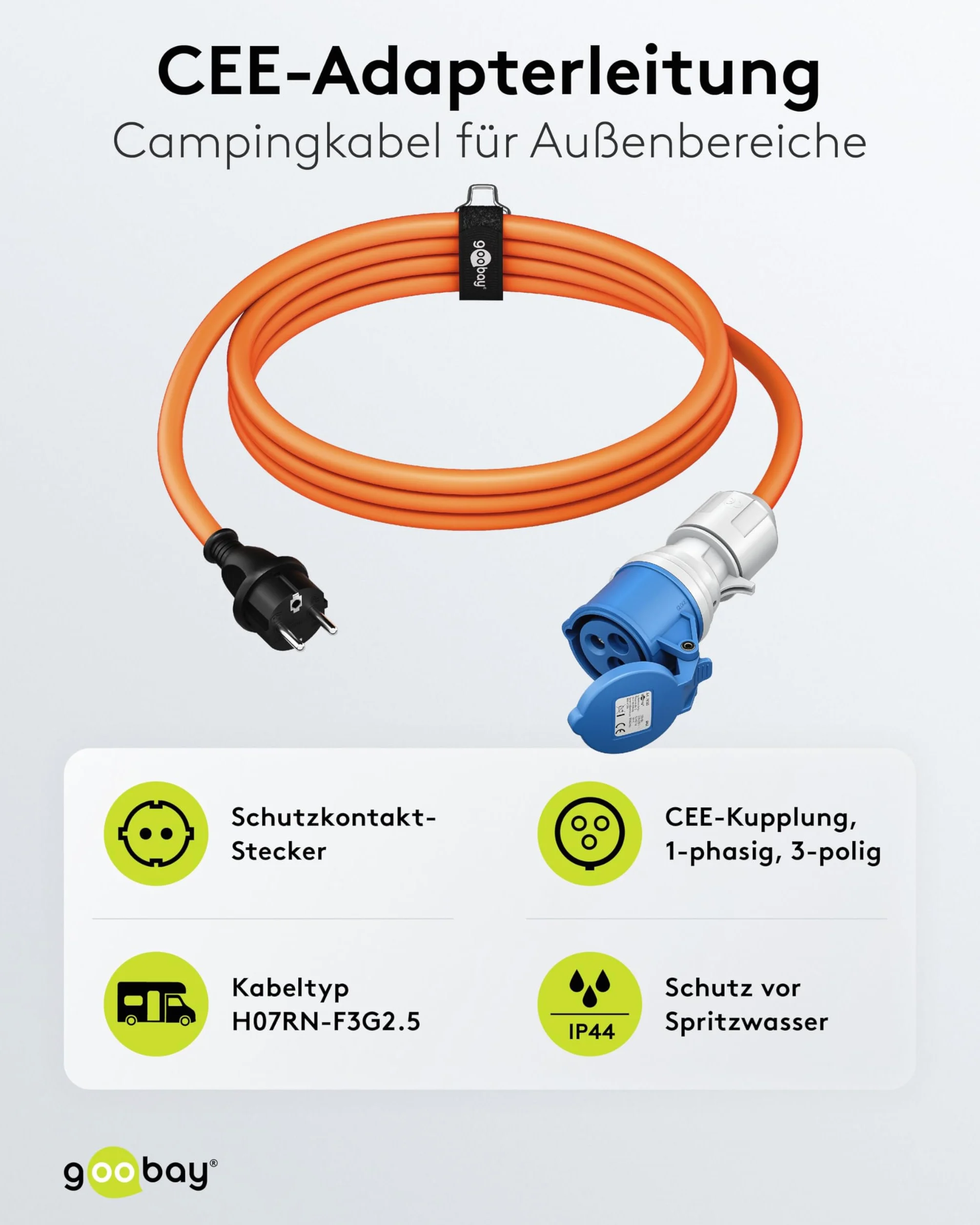 goobay Kabel adaptera CEE do przyczepy kempingowej, 5 m, wtyczka z ochronnym stykiem do gniazda CEE z pokrywą zamykającą, IP44, kabel kempingowy, kamper, przyczepa kempingowa, 76219