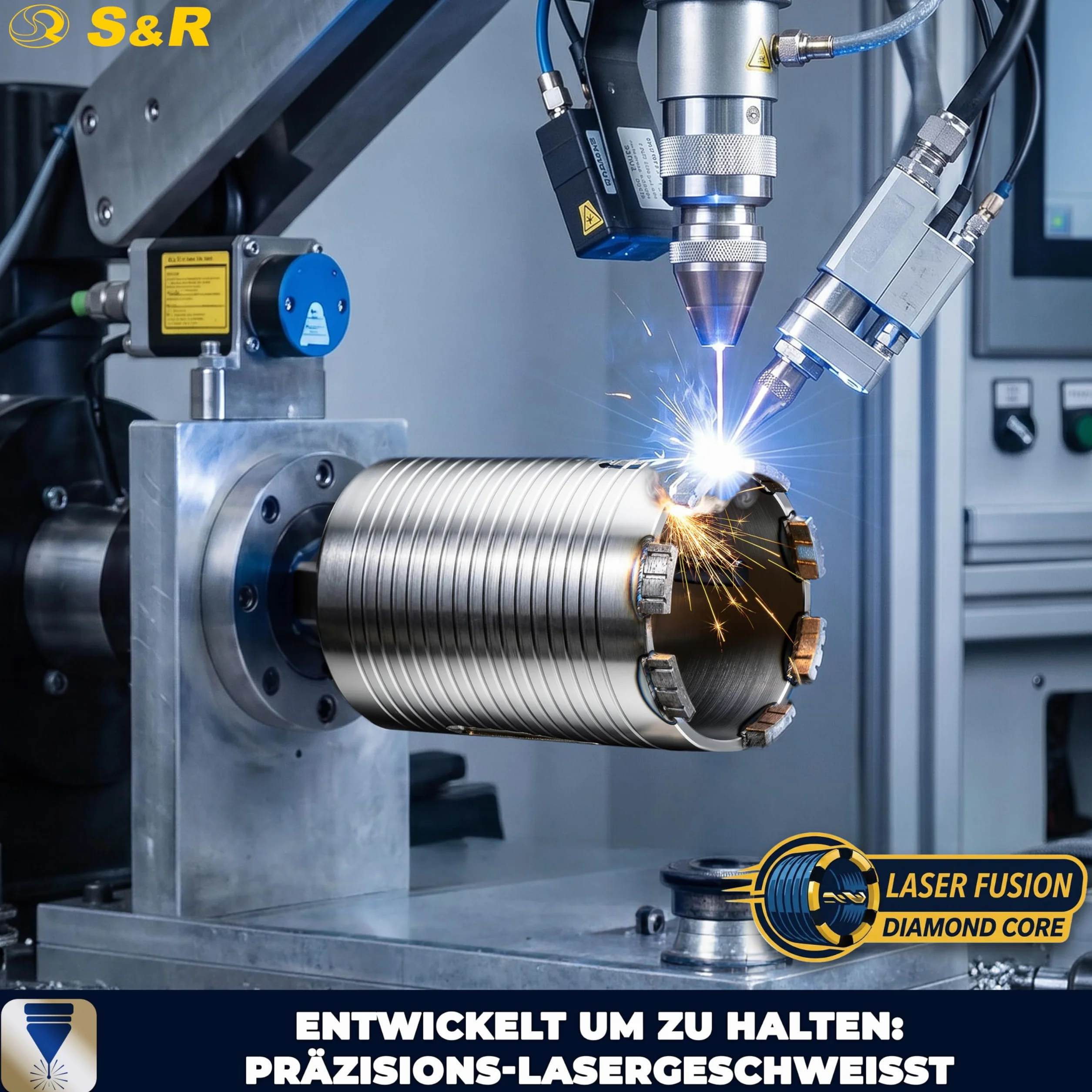 S&R Diamentowa koronka wiertnicza 122 mm, wiertło rdzeniowe M22, długość 200 mm, segment 10 mm, wiertło centrujące, adapter SDS-plus, koronka wiertnicza na sucho, diamentowa koronka wiertnicza do