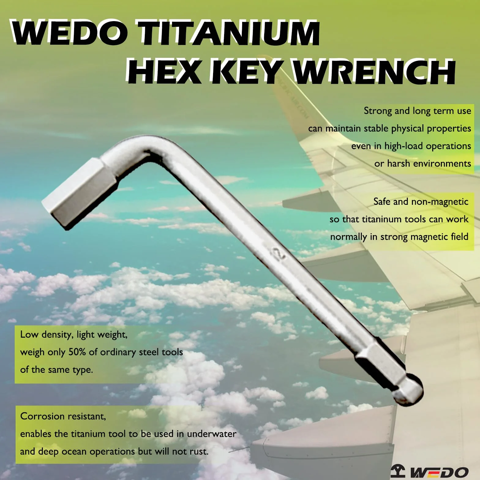 WEDO Klucz imbusowy z kulką, tytan, rozmiar 5 * 80 * 28 mm, lekki, niemagnetyczny, odporny na korozję, kuty matrycowo, stosowany w przemyśle lotniczym, morskim, biomedycznym, chemicznym