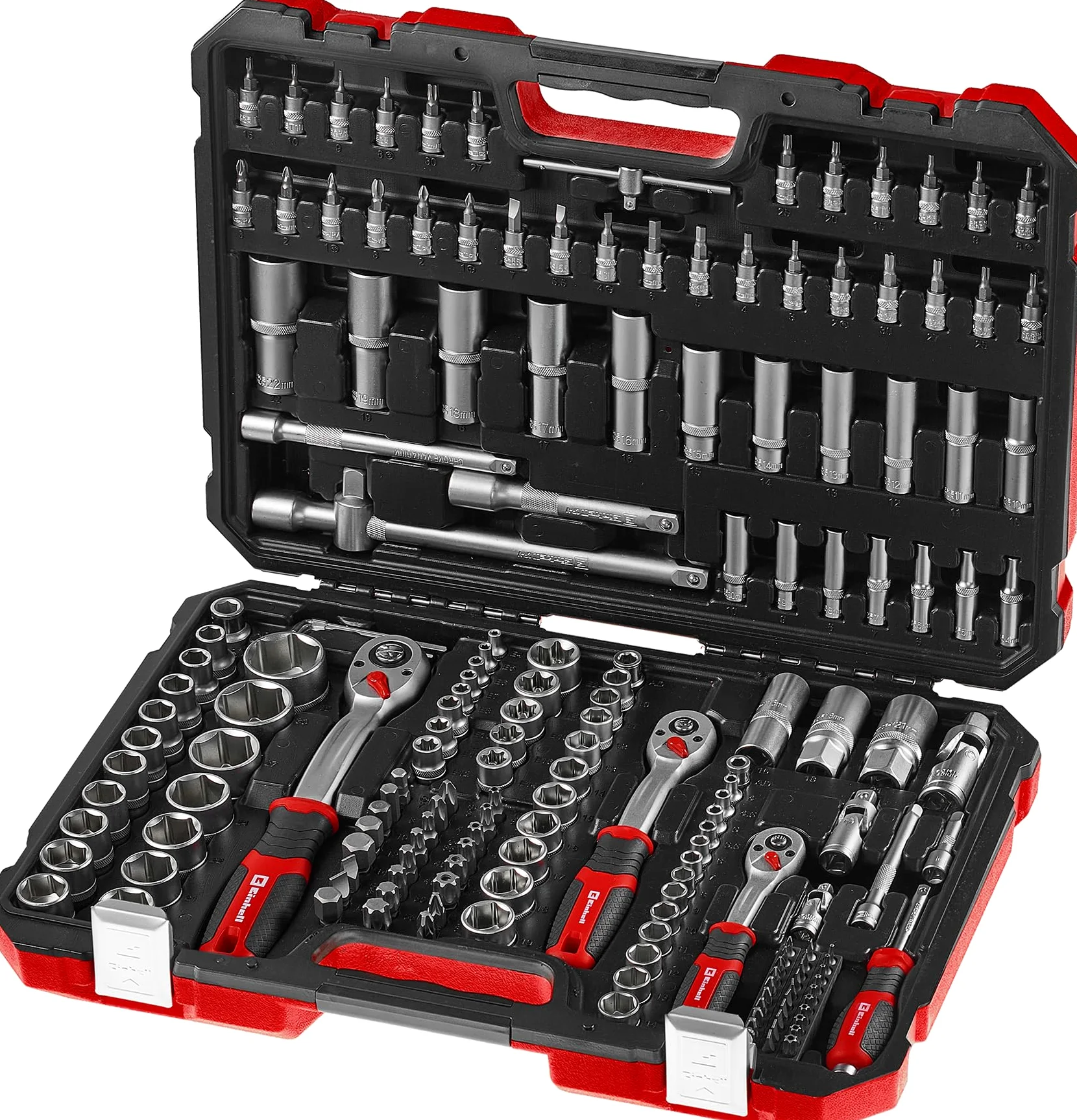 Einhell 181-częściowy zestaw nasadek i grzechotek (1/4", 3/8" i 1/2", grzechotki dwustronne 72 zęby, stal CrV, wkładki S2, długie nasadki, nasadki E i Pentalobe, walizka)