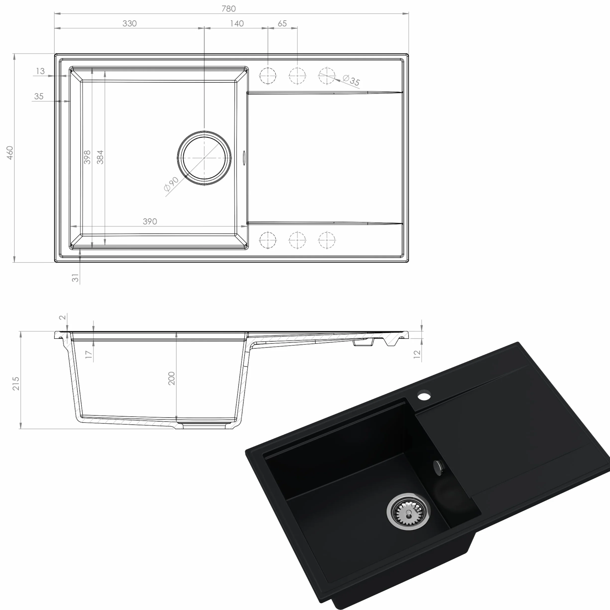 SINK QUALITY zlewozmywak granitowy beżowy 78 x 46 cm – zlewozmywak z syfonem push, ociekacz, środek impregnujący – zlewozmywak kuchenny beżowy z ociekaczem do szafki pod umywalkę 60