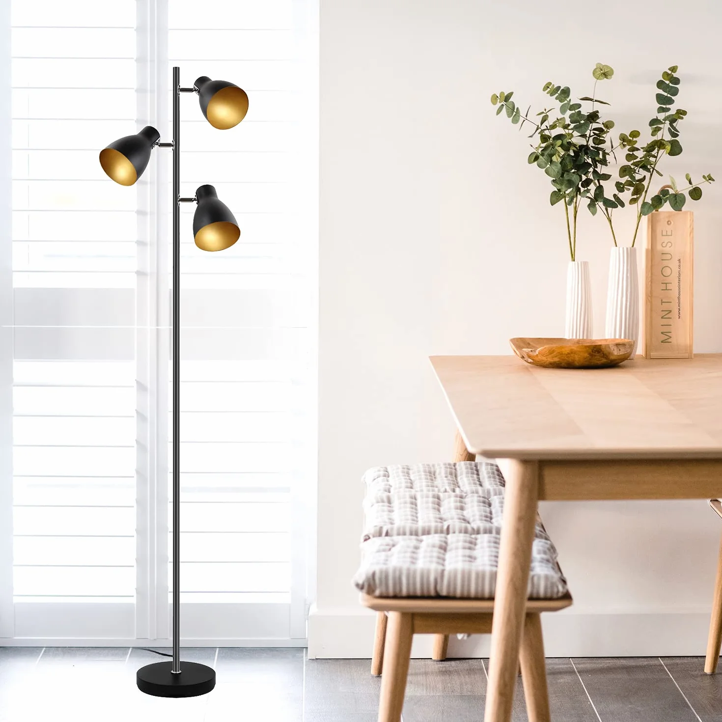 Lampa stojąca do czytania drzewo, czarno-złota, 3 regulowane światła | Metal retro, E14, 168 cm, niezależne sterowanie, do salonu i sypialni
