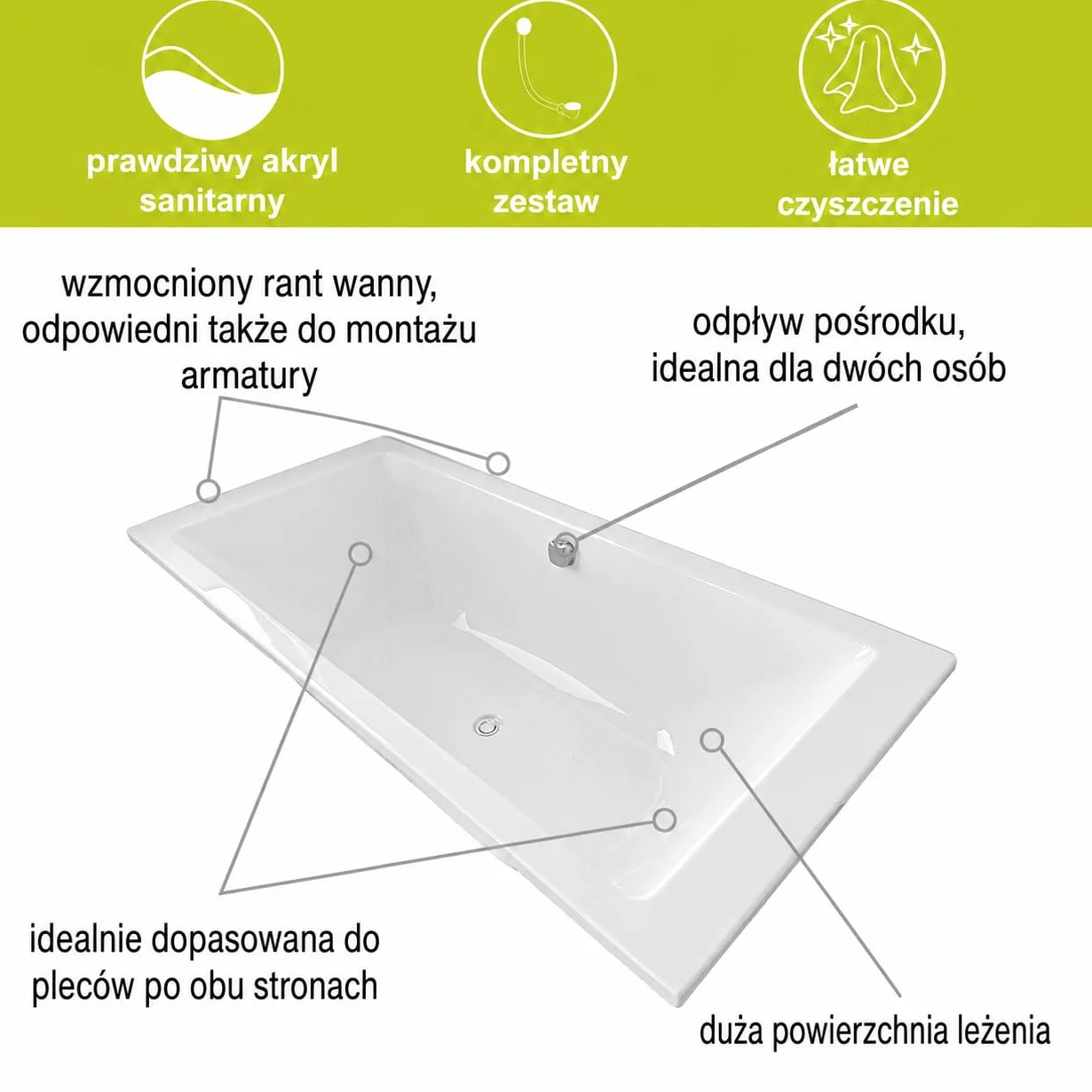 Wanna ECOLAM Tami 200x90 cm + fartuch | Nowoczesna, duża wanna dla dwóch osób | Prostokątna wanna akrylowa, najwyższa jakość | Kompletny zestaw odpływowy, nóżki, silikon | Design