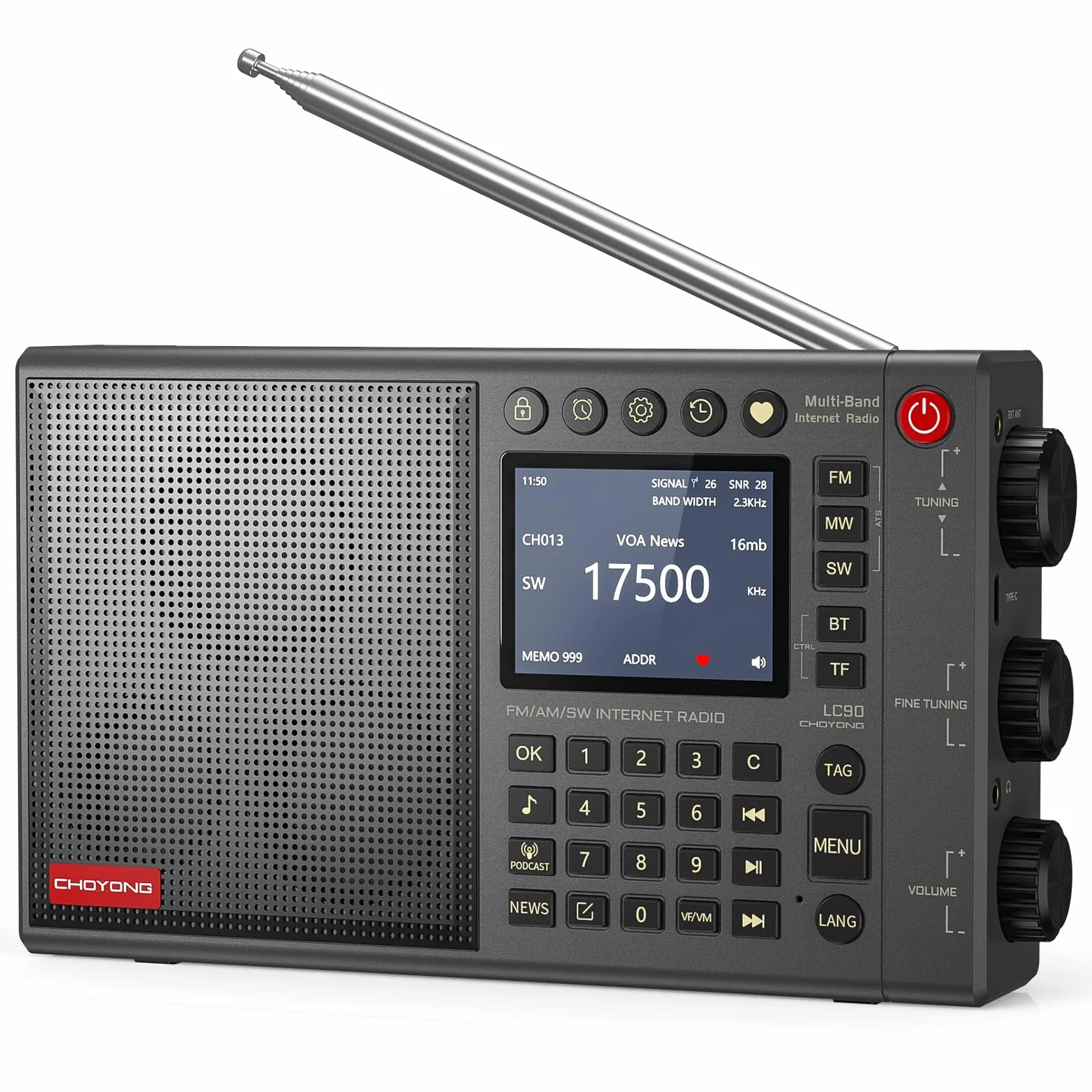 CHOYONG LC90 Radio internetowe Wi-Fi / 4G, przenośne, FM/LW/MW/SW, z akumulatorem 5000 mAh, 40 tys. stacji radiowe, głośnik BT, budzik, głośniki stereo 15 W, obsługa karty TF