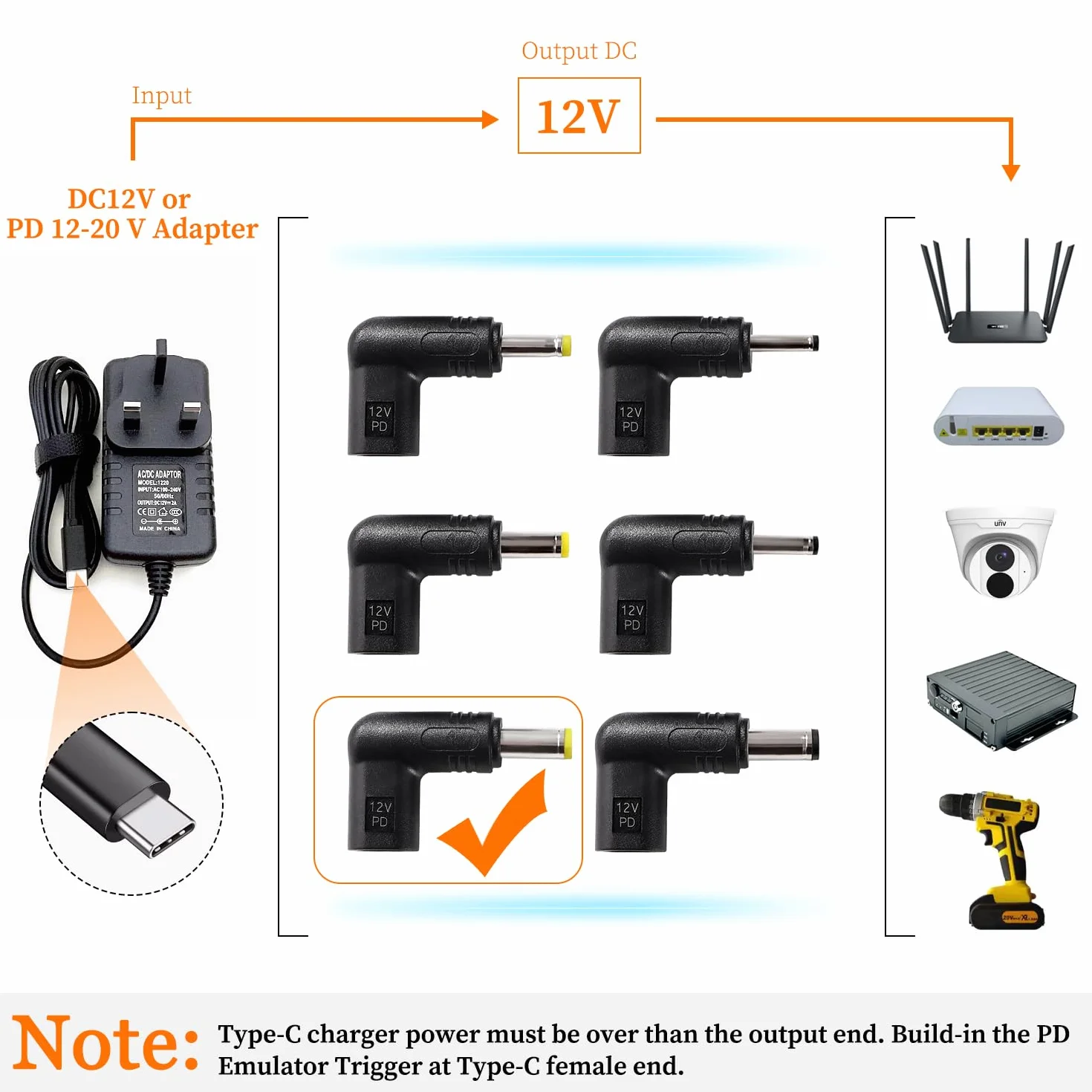 USB C do DC 12V Adapter USB 3.1 Typu C Żeński do DC 5.5x2.5 mm Męski PD Emulator Trigger 90 Stopni Kątowy