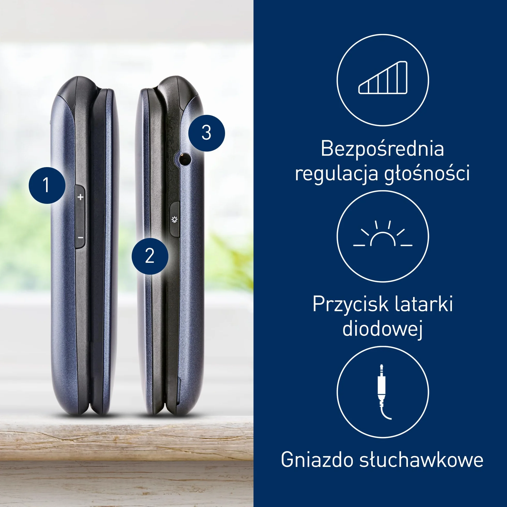 Panasonic KX-TU550 telefon dla seniora z klapką, duży ekran 2,8", aparat 1,2 MP, Clear Voice VoLTE, niebieski