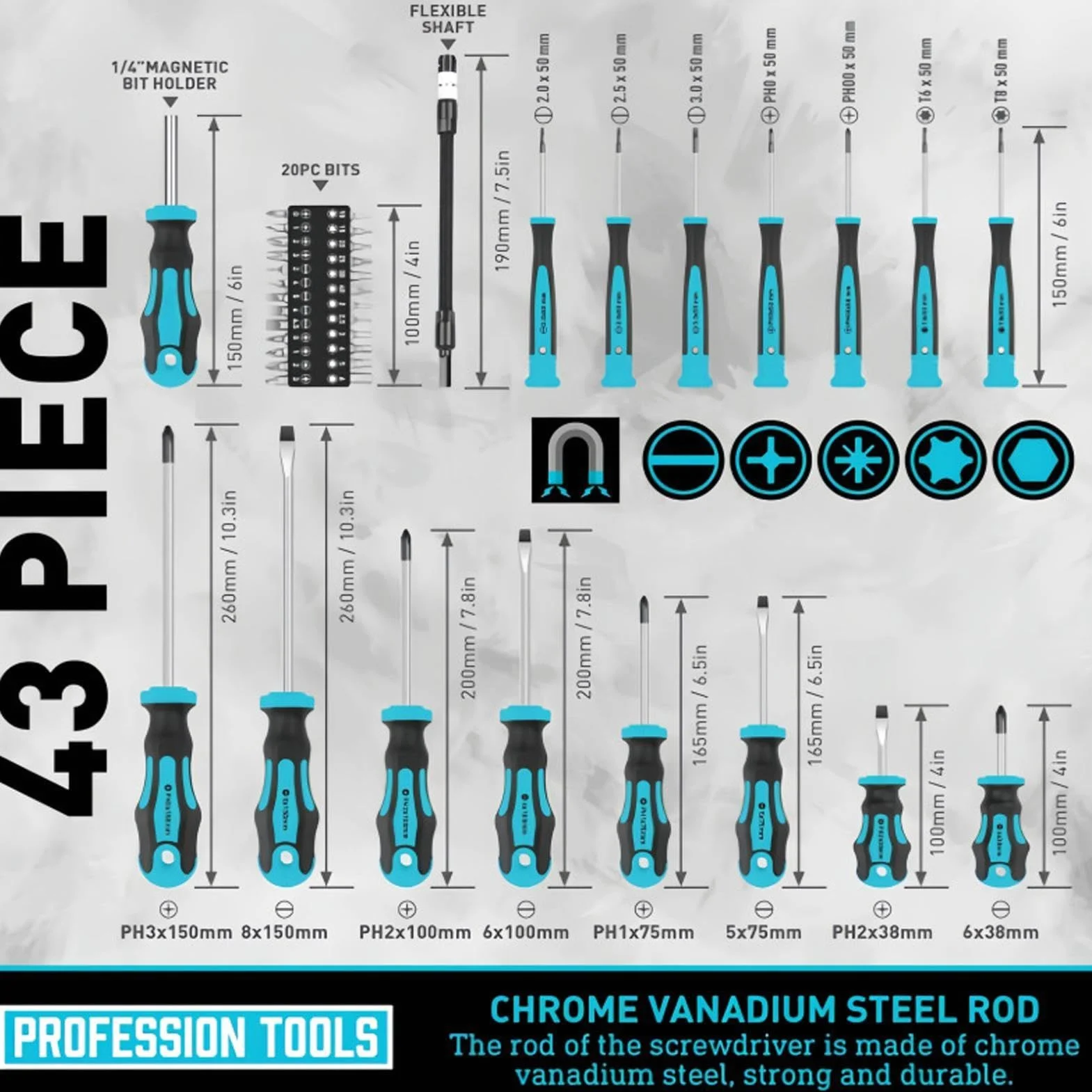 Zestaw wkrętaków grzechotkowych Magnetyczne Końcówki Krzyżakowe | 43-częściowy zestaw śrubokrętów z grzechotką i bitami do domu warsztatu mebli laptopa PC telefonu TV samochodu