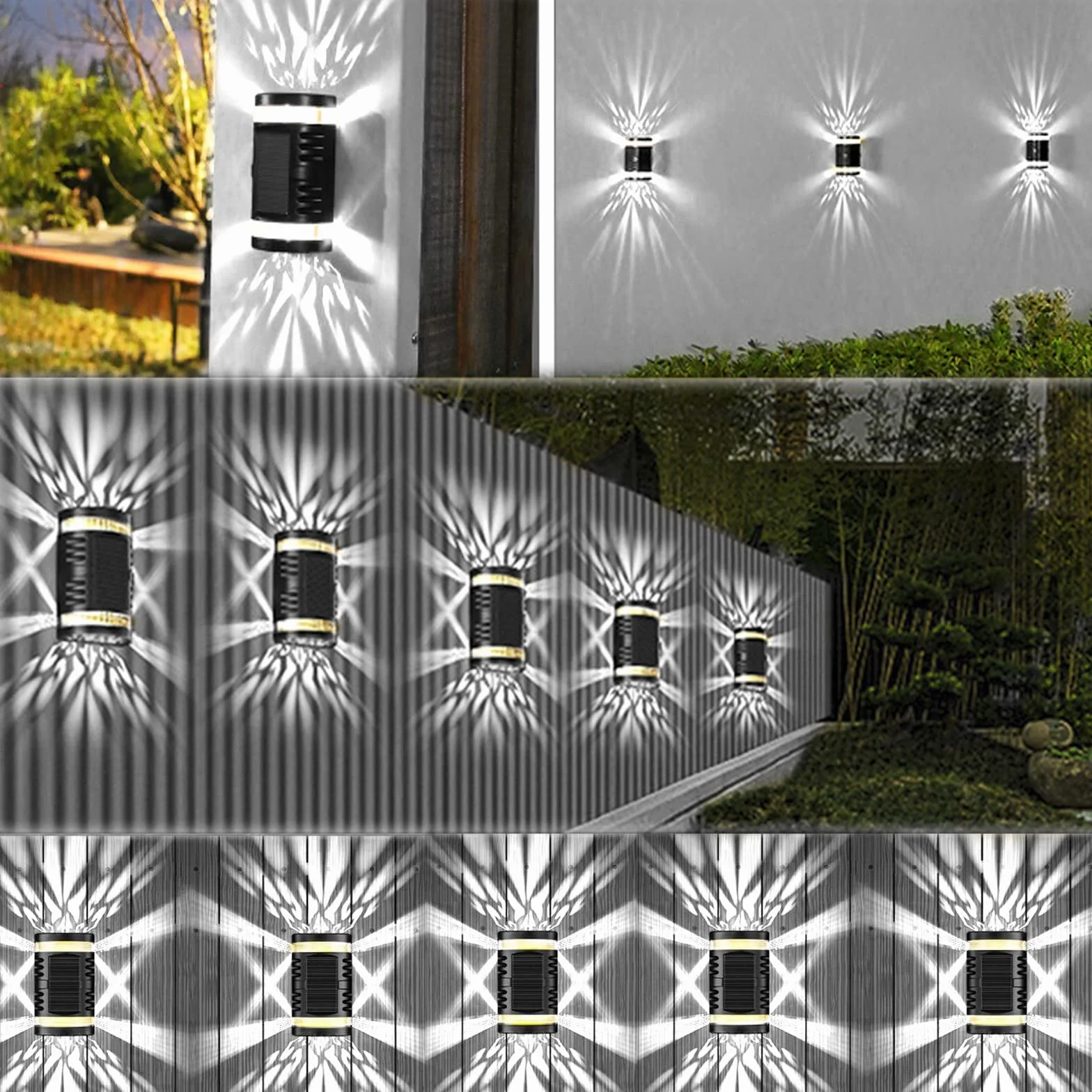 Lampy solarne na zewnątrz, KINGCOO wodoodporne w górę i w dół, 2 diody LED, wydrążone, zasilane energią słoneczną, dekoracyjne lampy ścienne do ogrodu, ogrodzenia, podwórka, oświetlenia ścieżki drzwi wejściowych, 4 szt., białe