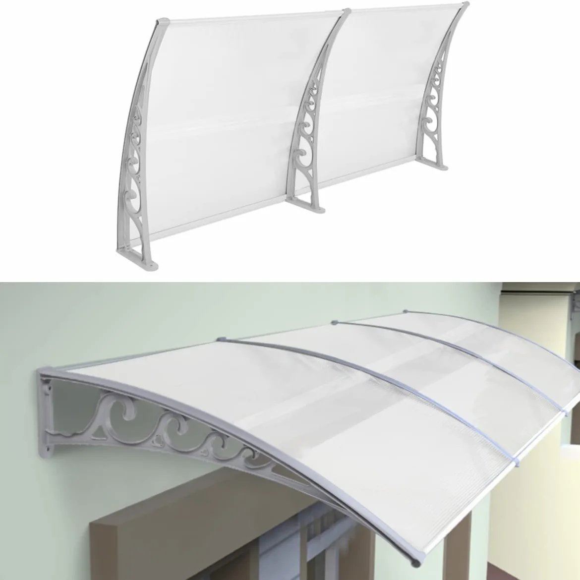 YIMING Daszek do drzwi i okien, długość 300 cm (118,11''), Dach ochronny Poliwęglan (Szaro-Biały, 98×300×25 cm)