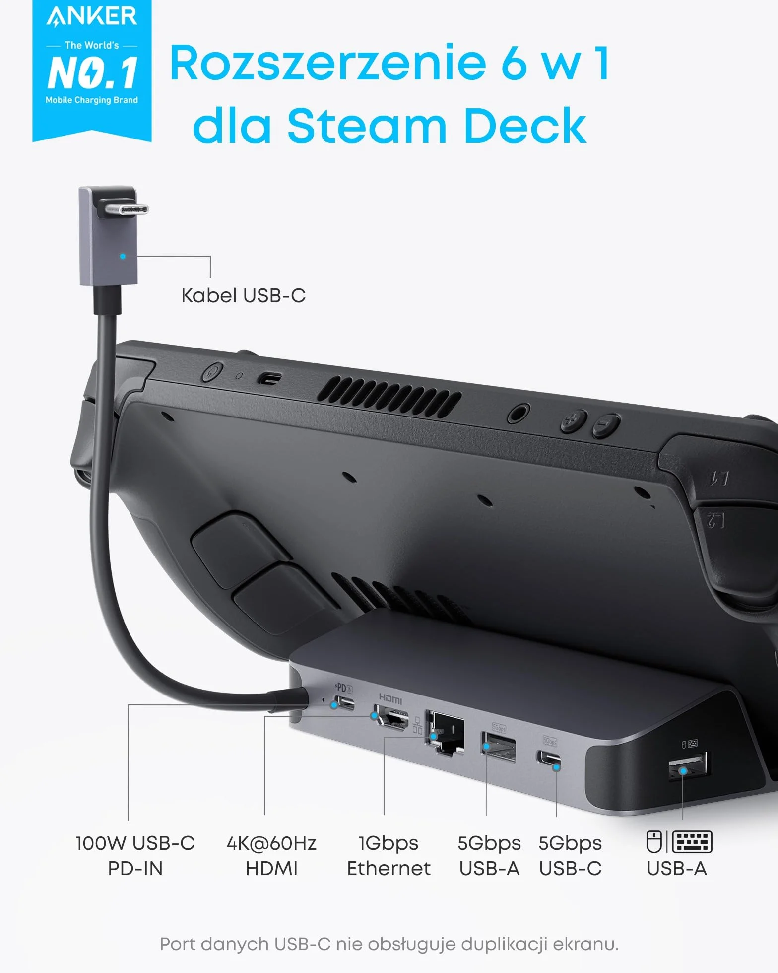 Stacja ładująca Anker do Steam Deck/ROG Ally, stacja ładująca 6 w 1, koncentrator USB-C z HDMI 4K @60Hz, Ethernet 1 Gbps, 2 porty USB-A i 1 port USB-C, szybkie ładowanie 100 W i nie tylko.