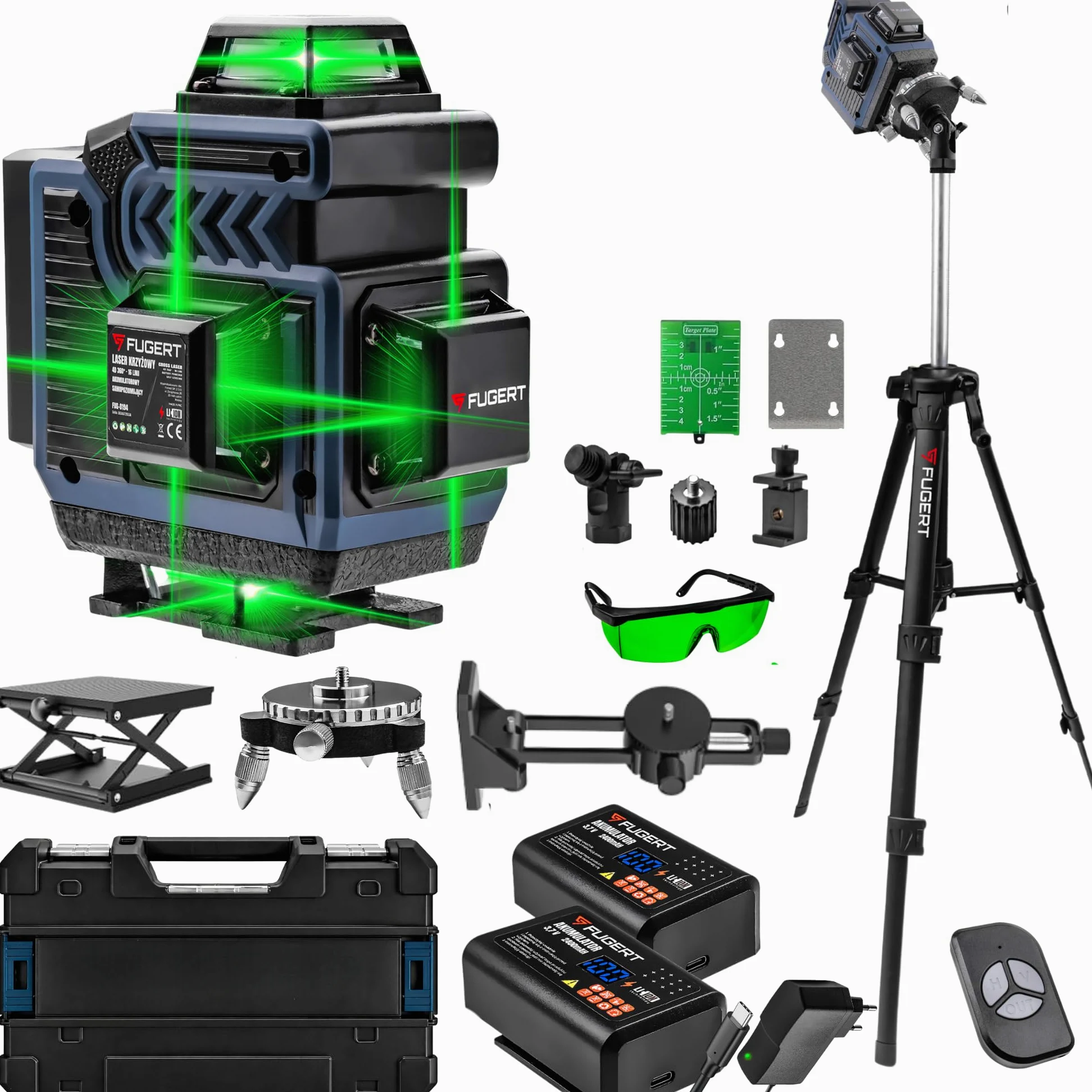 LASER KRZYŻOWY 360 ZIELONY POZIOMICA LASEROWA PŁASZCZYZNOWA 4D 2xAKU STATYW