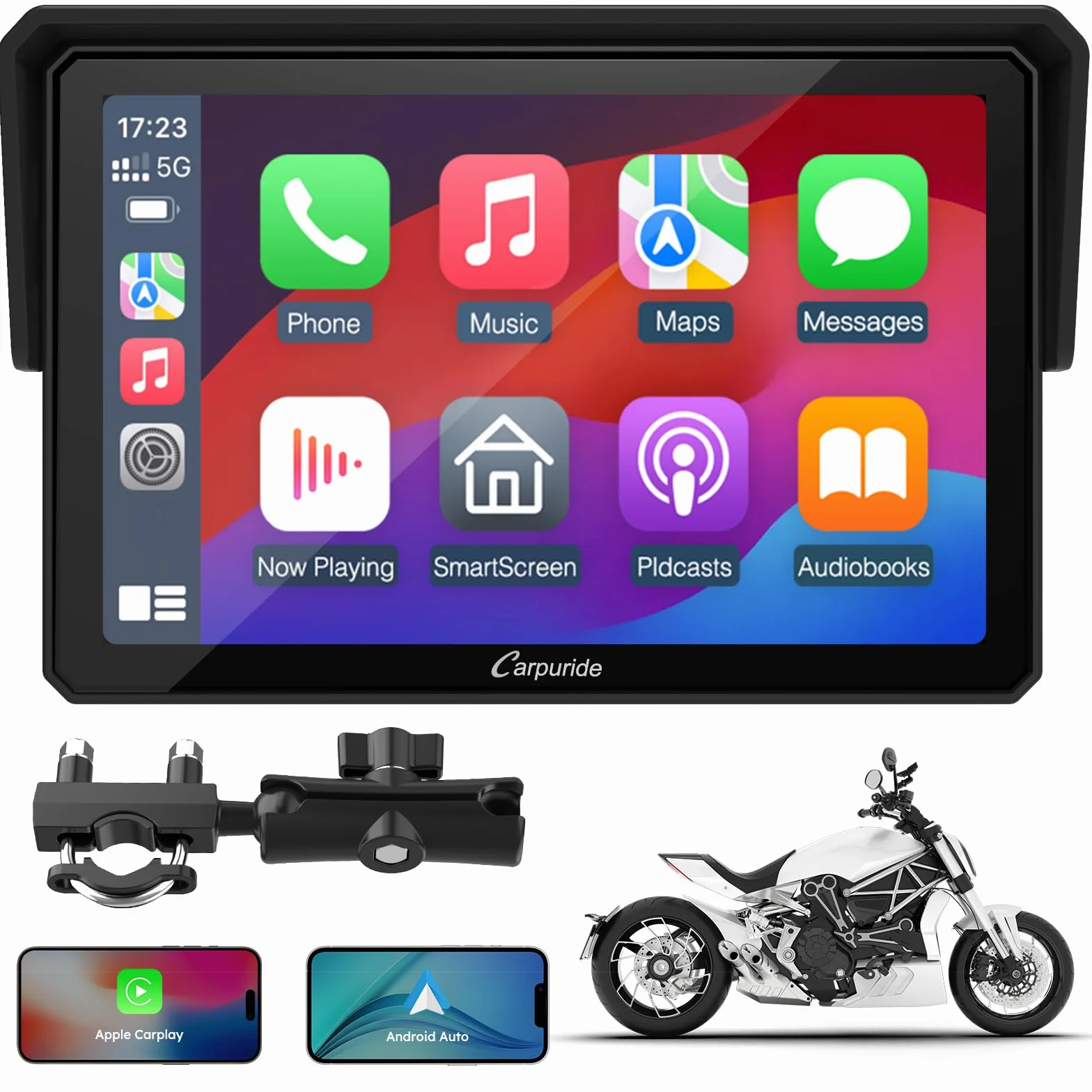 Carpuride W502 Ekran motocyklowy 5" GPS CarPlay Android Auto wodoodporny IP67 Bluetooth
