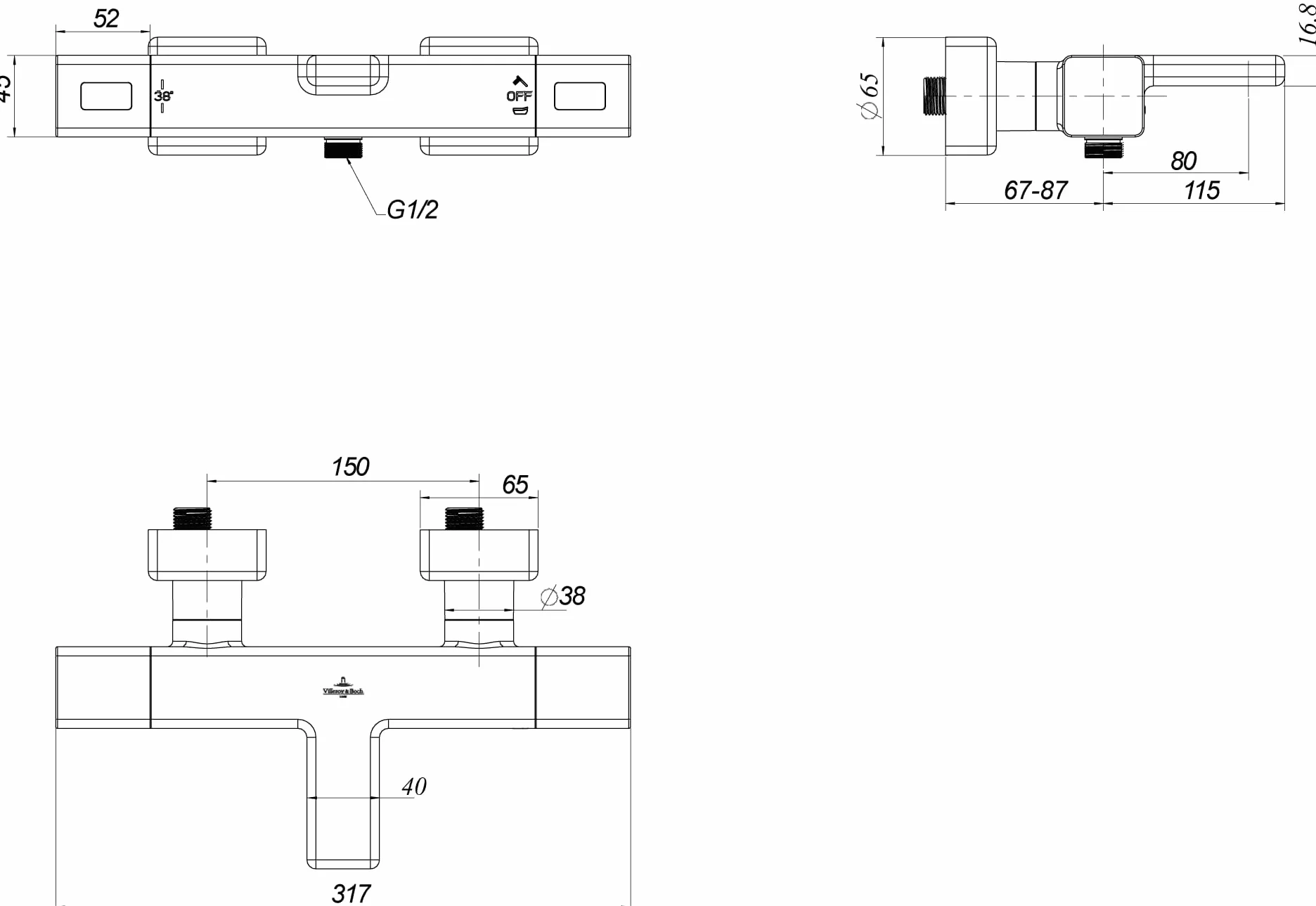 Villeroy & Boch Uniwersalny termostat wannowy Taps & Fittings armatura wannowa z ochroną przed oparzeniem i blokadą bezpieczeństwa przy 38°, bateria mieszakowa wanna natynkowa, prostokątna, matowa