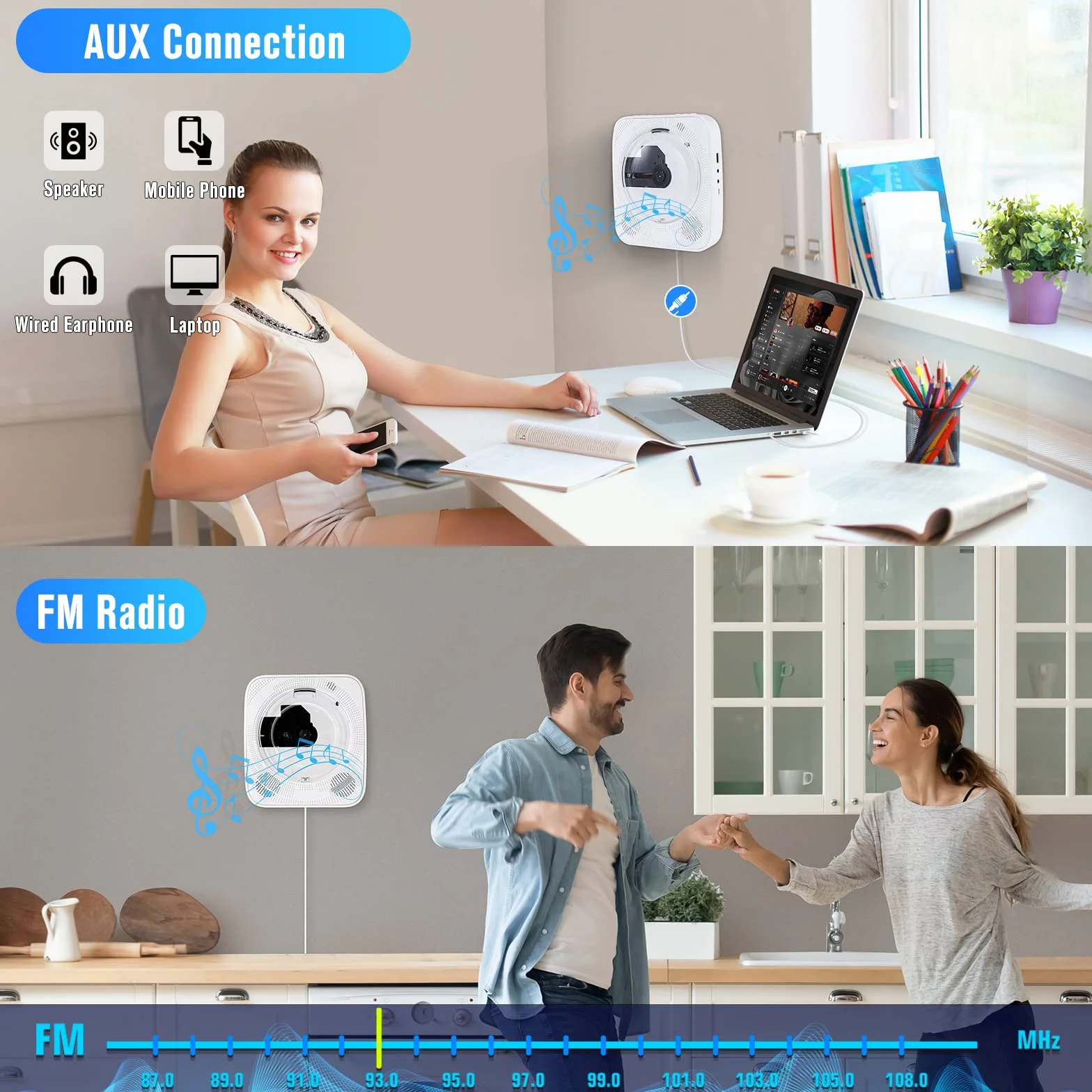 Przenośny odtwarzacz CD Bluetooth z radiem FM, głośniki HiFi USB MP3, wejście AUX 3,5 mm