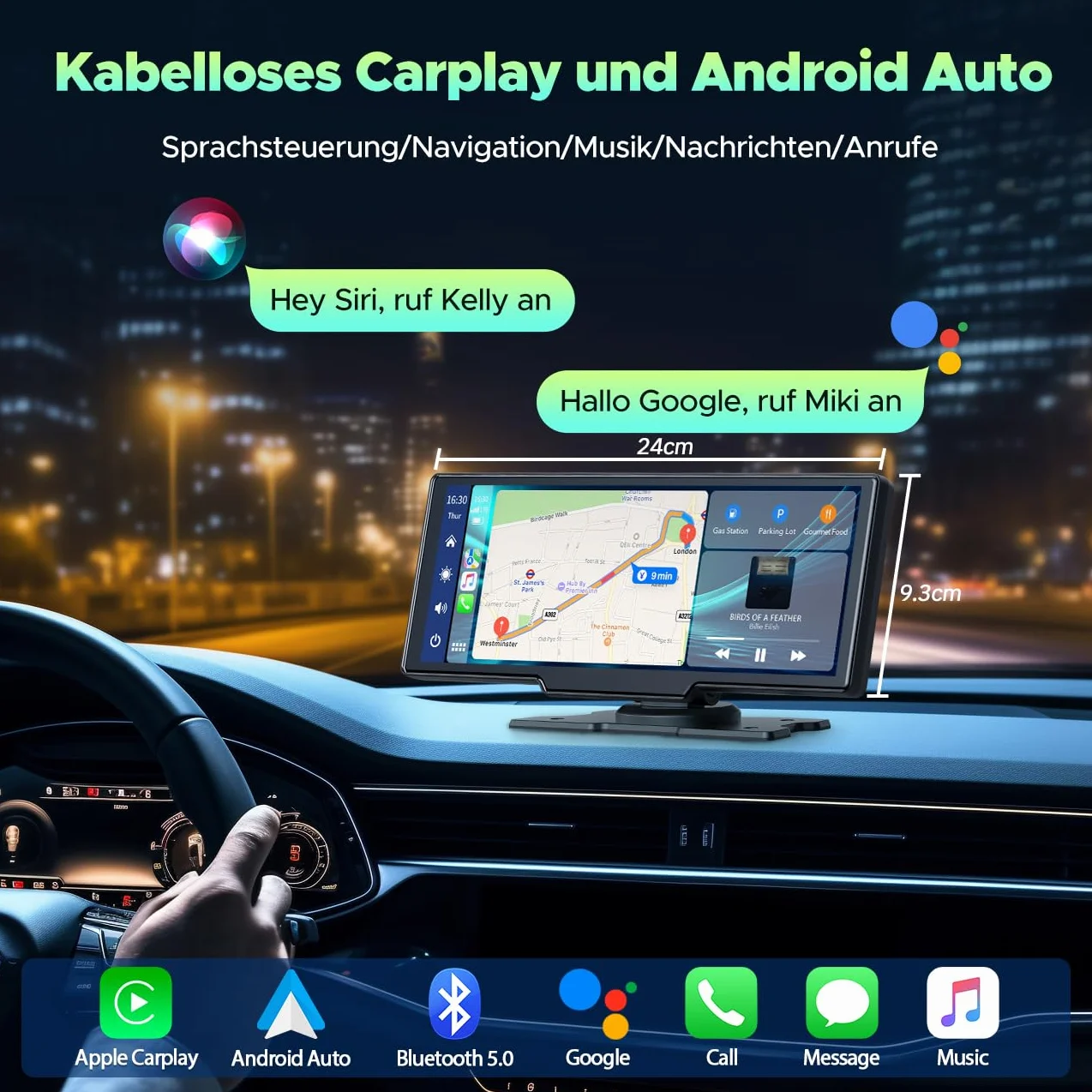 LAMTTO Bezprzewodowe radio samochodowe CarPlay Android 9,26" 2,5K+1080p kamera 64GB TF Bluetooth nawigacja Mirror Link Siri/G00gle AUX/FM