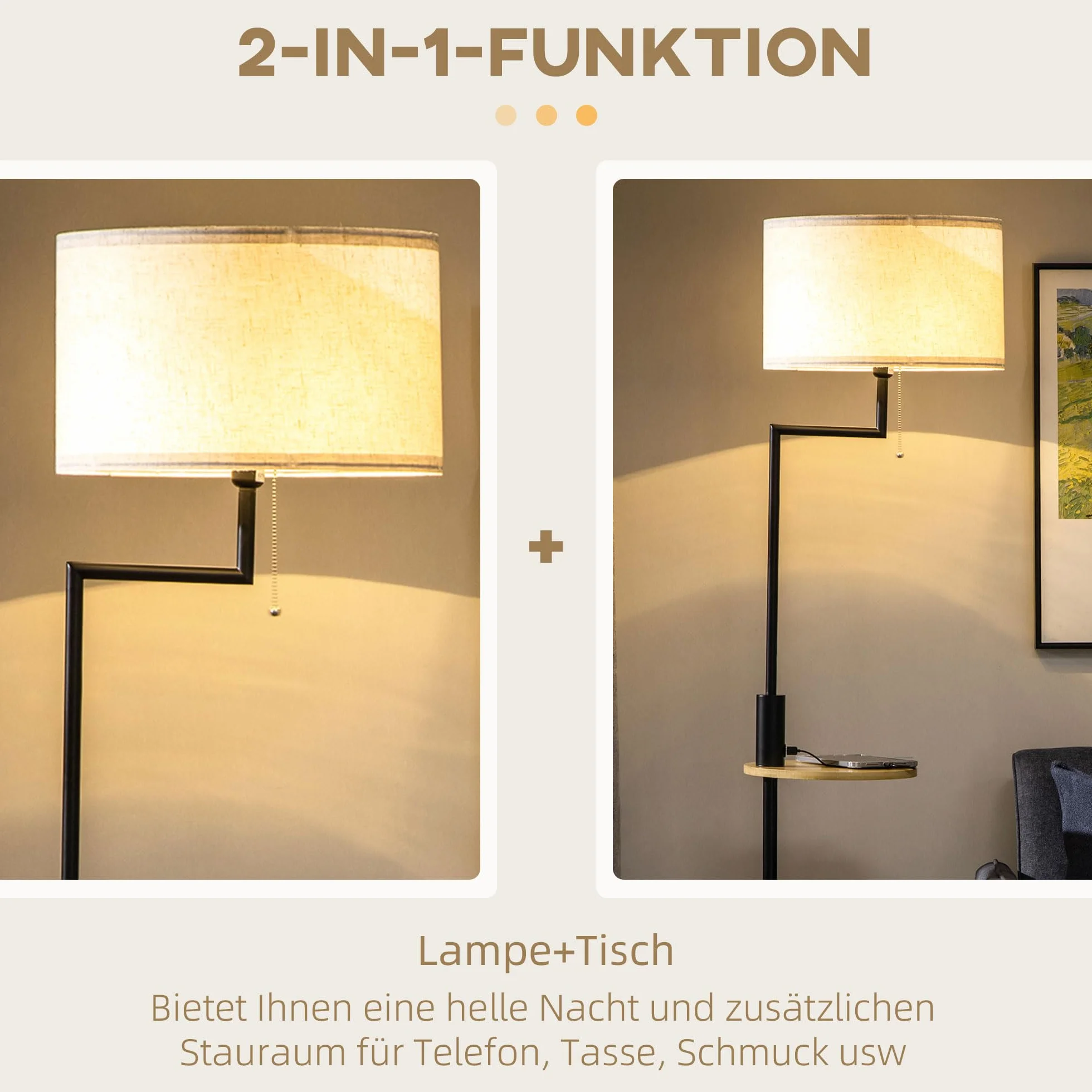 HOMCOM Lampa stojąca, stojąca, ze złączem USB, lampa stojąca, do salonu, sypialni, ze stali, kremowa, Ø 40 x 168 cm, żarówka nie wchodzi w zakres dostawy