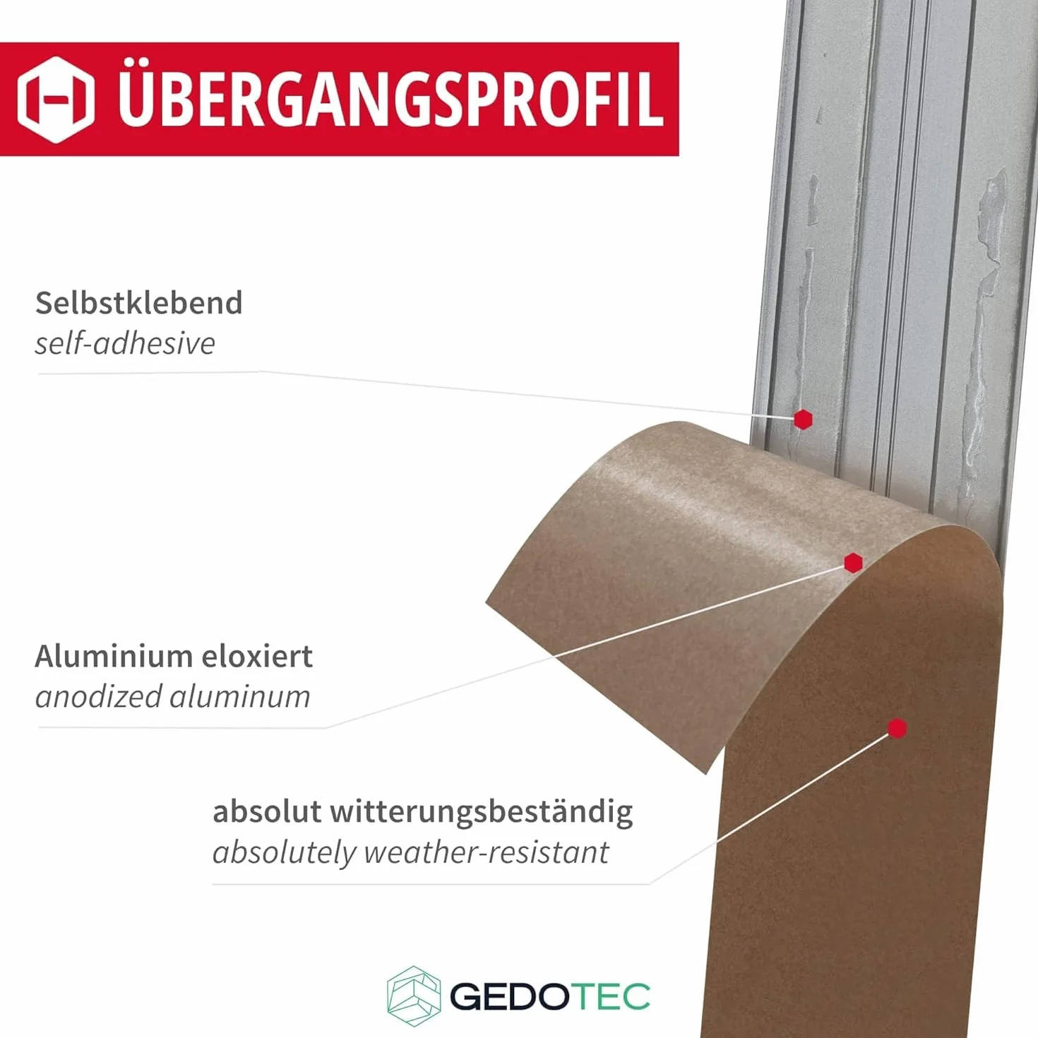 Gedotec Profil przejściowy, samoprzylepny, srebrny, 1000 mm, aluminium, długość 1 m, szerokość 37 mm, wyprodukowano w Niemczech, szyna przejściowa anodowanego aluminium, listwa przejściowa bez