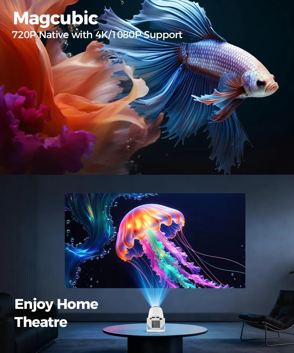 Mini Projektor 4K 5G WiFi 6 BT 5.4 Full HD 1080P 200ANSI Automatyczna Korekcja Trapezu Biały
