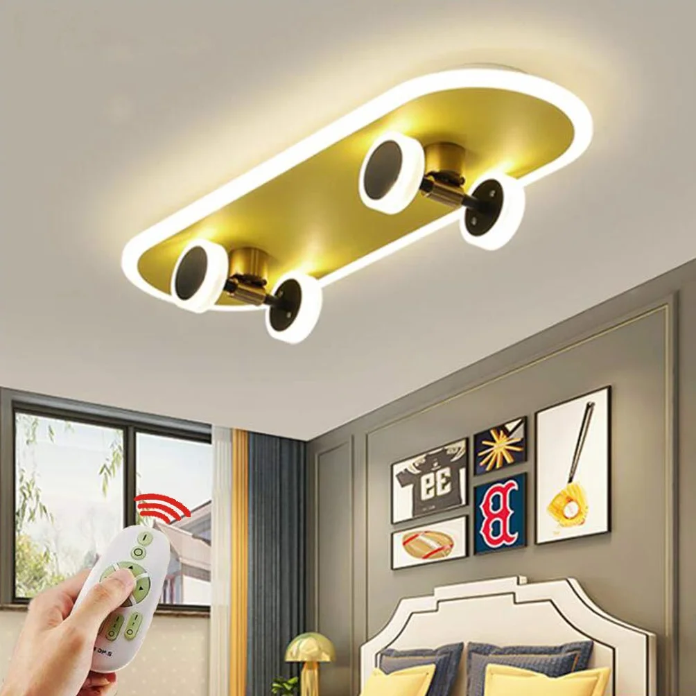 Dziecięca lampa sufitowa LED, kreatywna deskorolka, lampa sufitowa 6000 K, nowoczesna lampa do pokoju dziecięcego, kreskówka, dla chłopców i dziewczynek, ściemniana, 32 W, akrylowy żyrandol,