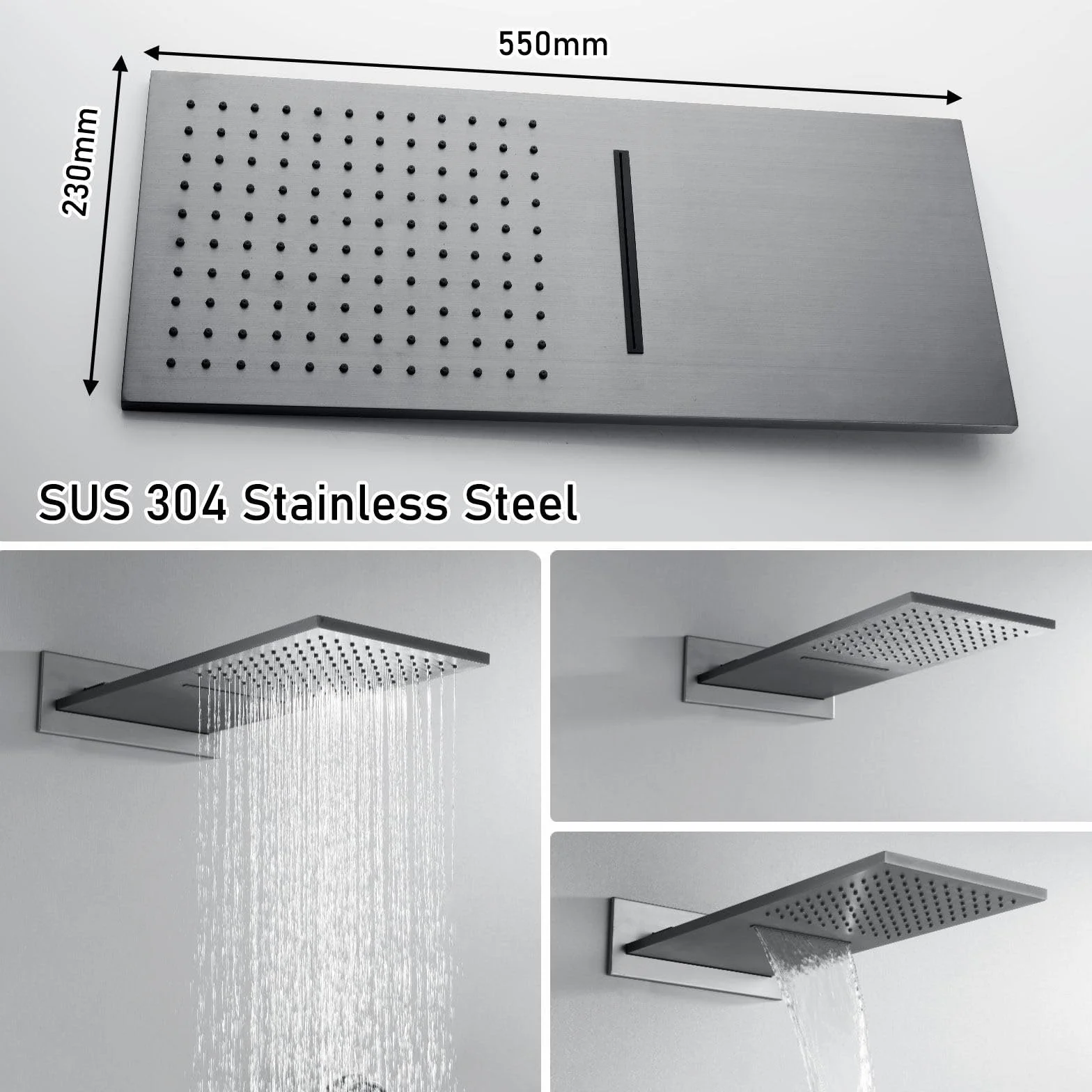 BEITH Termostatyczny zestaw prysznicowy 550 x 228 mm, kwadratowy, ukryty system prysznicowy z cyfrowym wyświetlaczem LED, 2 tryby montażu na ścianie, zestaw baterii prysznicowych, deszcz, wodospad, 3