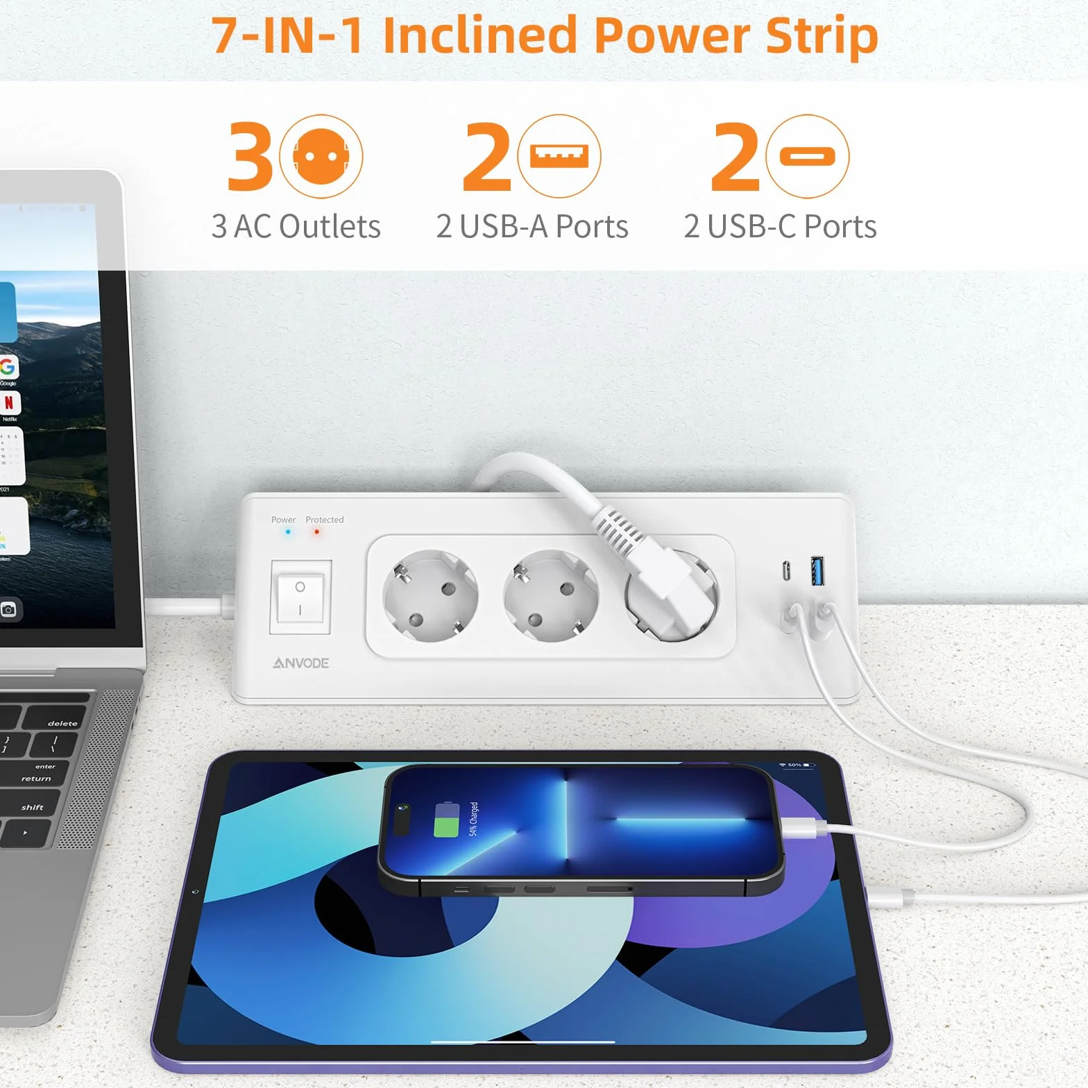 Narożna listwa zasilająca z USB i 2 Type-C, 3-gniazdowa, ochroną przed przeciążeniem, kabel 2m