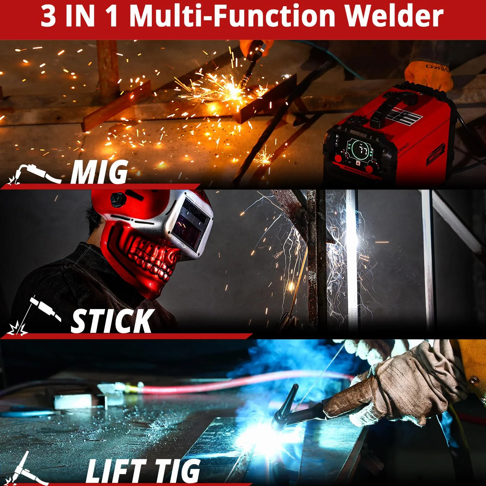 MIG Spawalnica 135Amp: DEKOPRO 220 V Flux Core MIG/Lift TIG/Stick 3-w-1 Spawalnica IGBT Przenośny zestaw dla właścicieli domów i majsterkowiczów