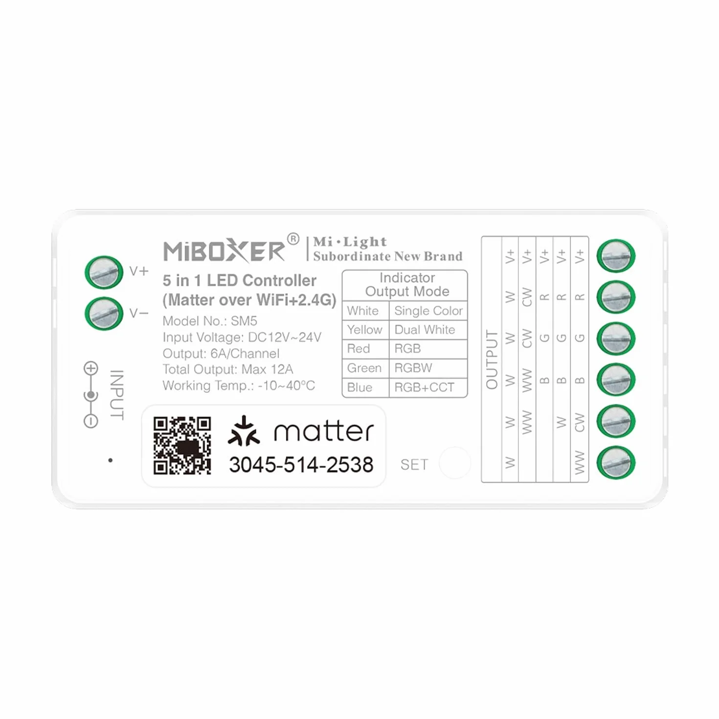 LIGHTEU, Miboxer Matter Over WiFi + 2,4 GHz DC12-24 V 5 w 1 RGBCCT kontroler LED certyfikowany matter obsługuje aplikację, pilot zdalnego sterowania, Matter Smarthome, SM5