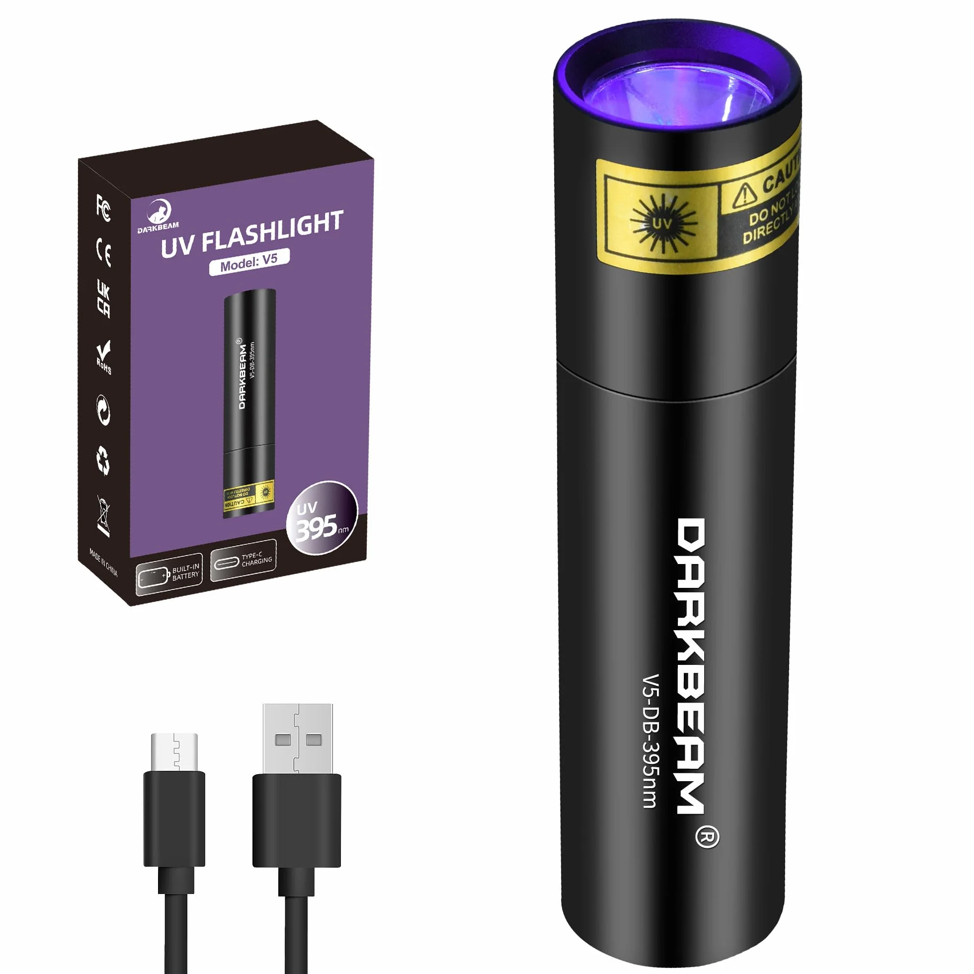 DARKBEAM Latarka UV 395nm Blacklight, Mini Potężna Lampa Leśna USB-C Akumulator, Latarki LED Ultrafioletowe Wykrywacz moczu zwierząt domowych do skał, szkła uranowego, utwardzania żywicy