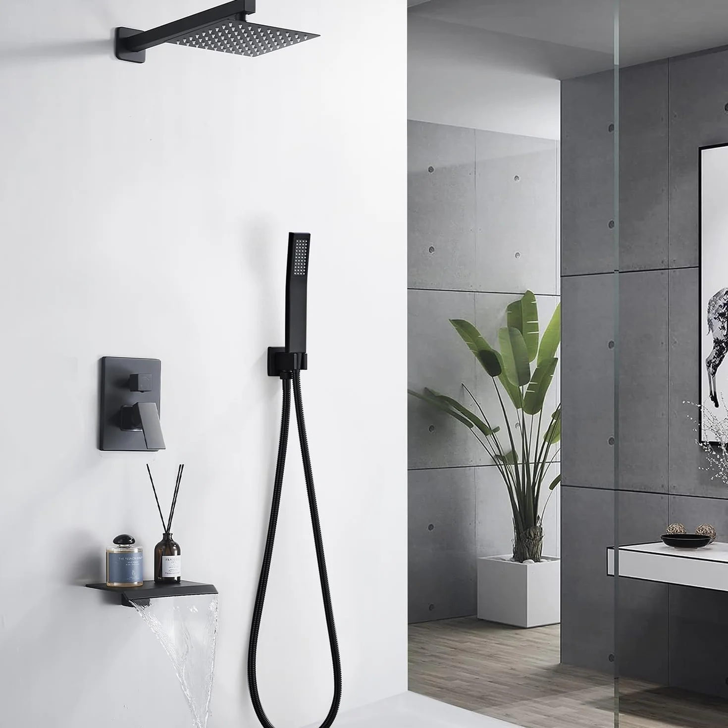 Zestaw baterii prysznicowej 20 cm, system prysznicowy z wysokociśnieniową ręczną głowicą prysznicową, zestaw prysznicowy montowany na ścianie, zawór zgrubny i zestaw wykończeniowy, z wylewką