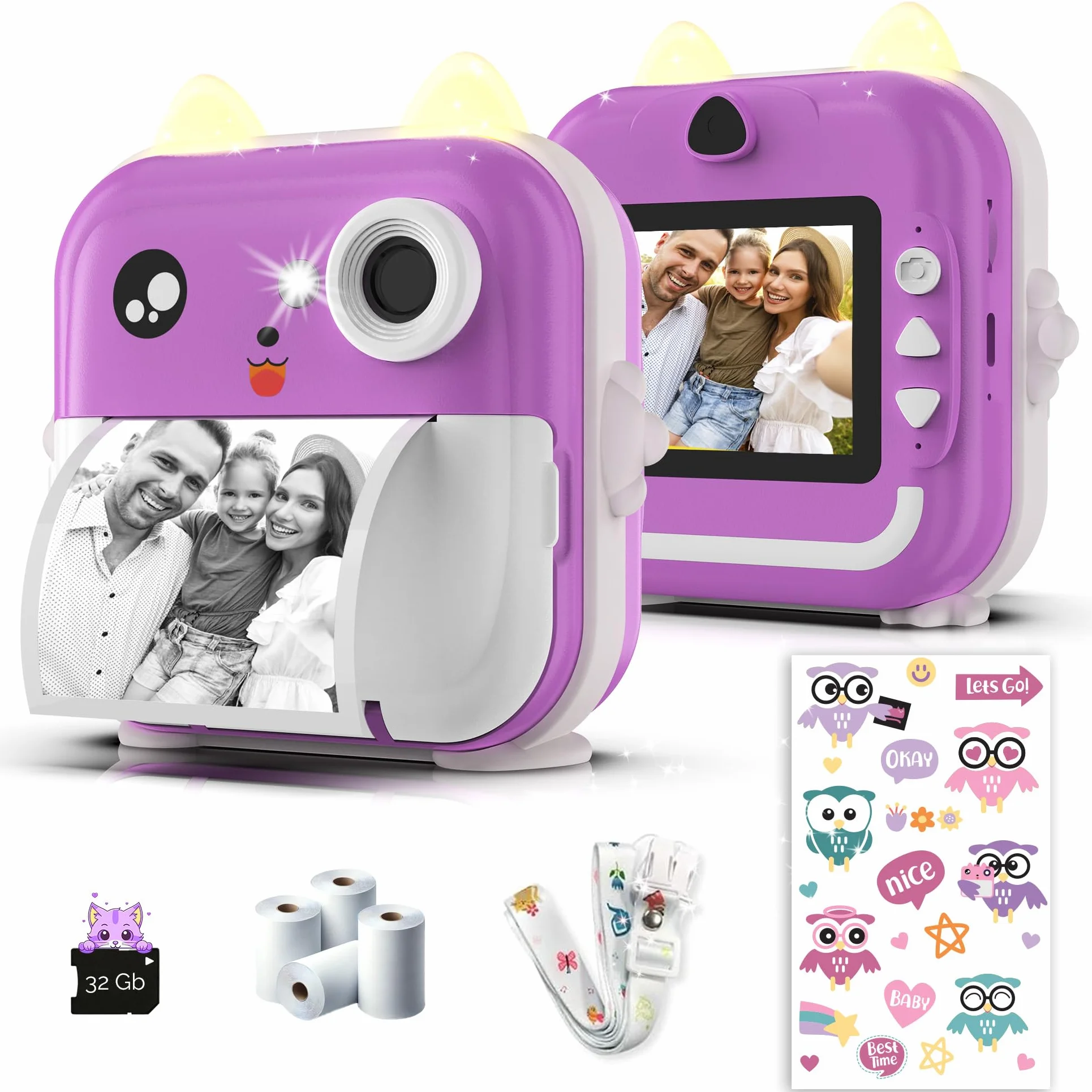 Dziecięca kamera natychmiastowa z podwójnym obiektywem 48 MP, wideo 1080P, druk termiczny, Bluetooth, karta 32 GB