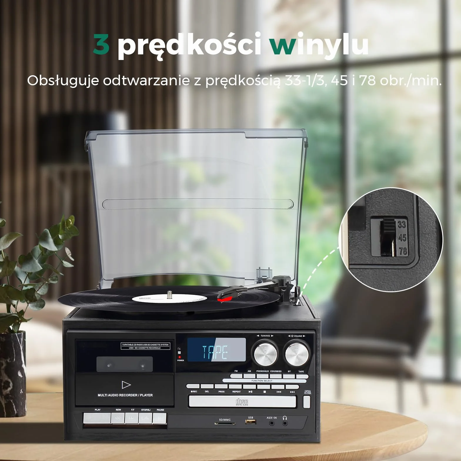 Gramofon z Bluetooth 3-biegowy odtwarzacz winyli CD kaset radio AM/FM USB SD MMC czarny