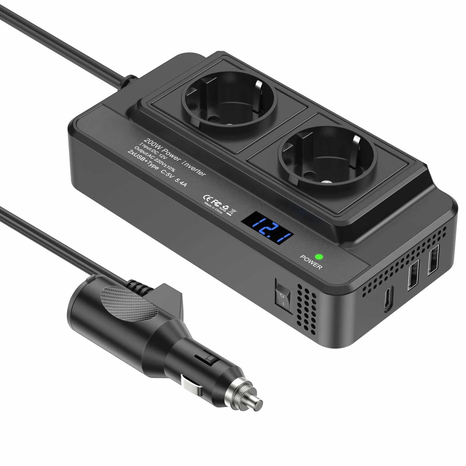Falownik samochodowy 200 W, 12 V na 230 V, z 2 gniazdami, 3 USB i ładowarką samochodową, kolor czarny