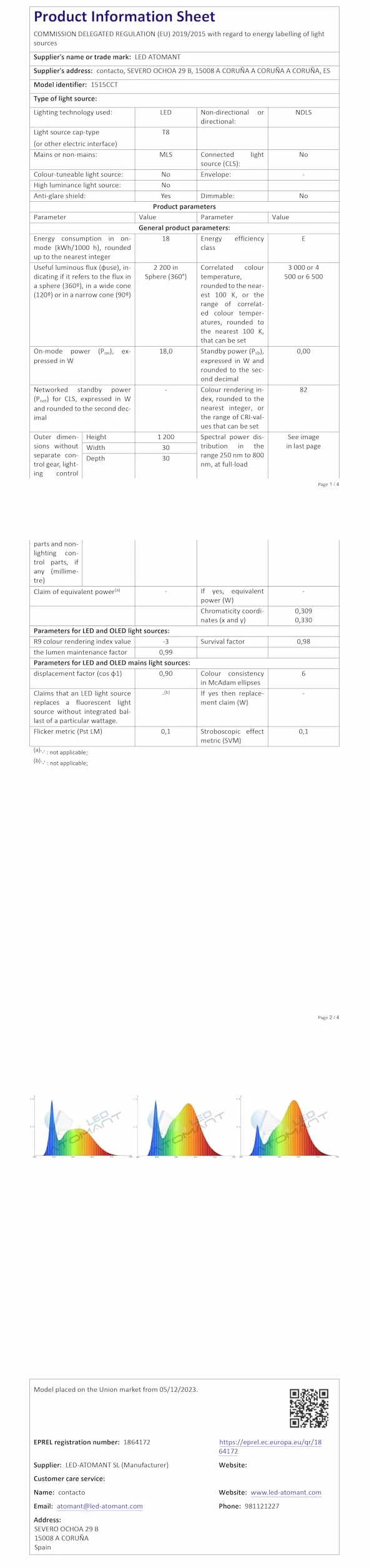 LED ATOMANT Opakowanie z 4 lampkami LED 120 cm 18 W, CCT (przełącznik wyboru koloru ciepła biel, neutralna biel lub zimna biel), 2200 lumenów, rozrusznik w zestawie, norma T8