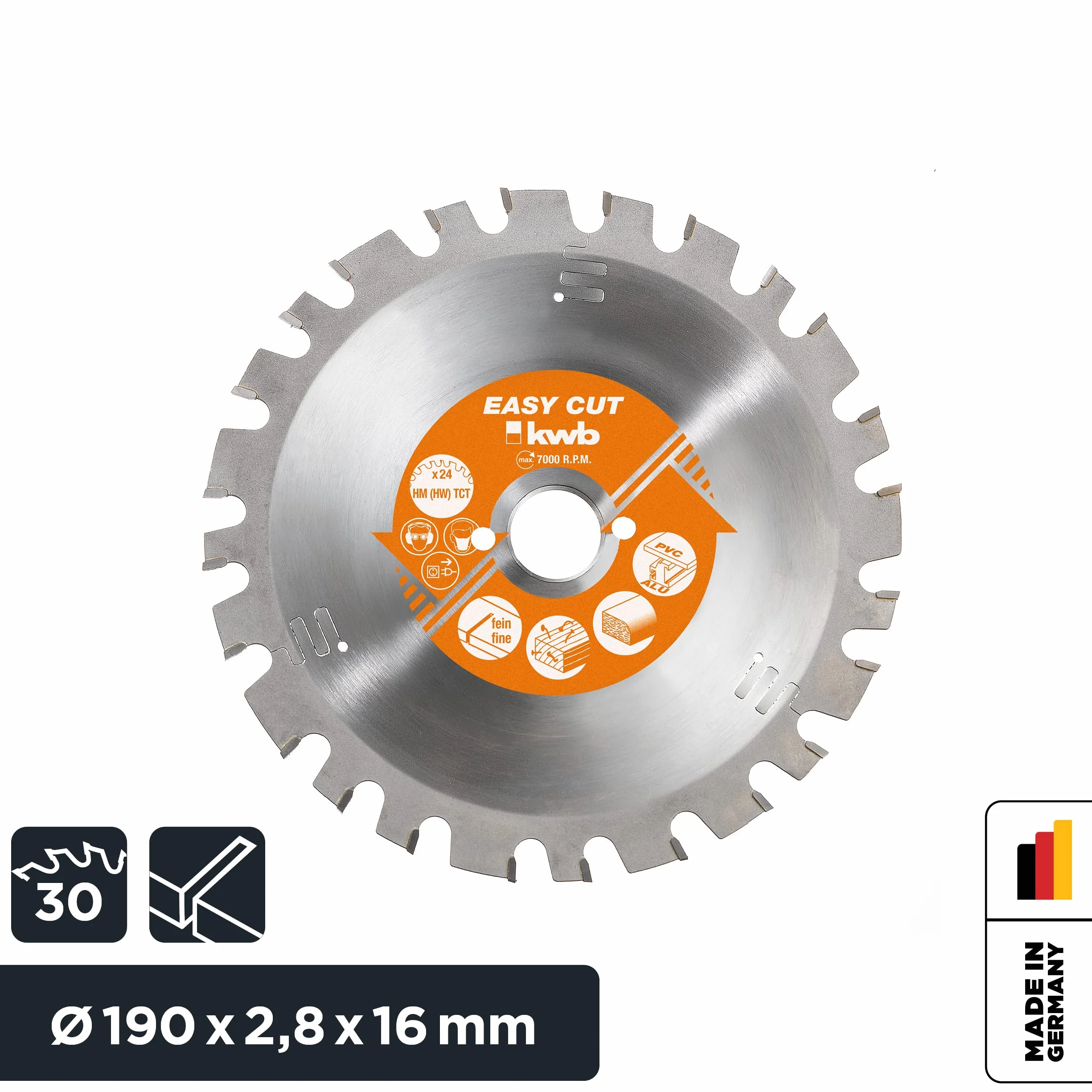 kwb Easy-Cut tarcza do piły tarczowej do ręcznych pił tarczowych 586533 (190 x 16 mm, 30 zębów, specjalny ząb wymienny, tarcza uniwersalna)