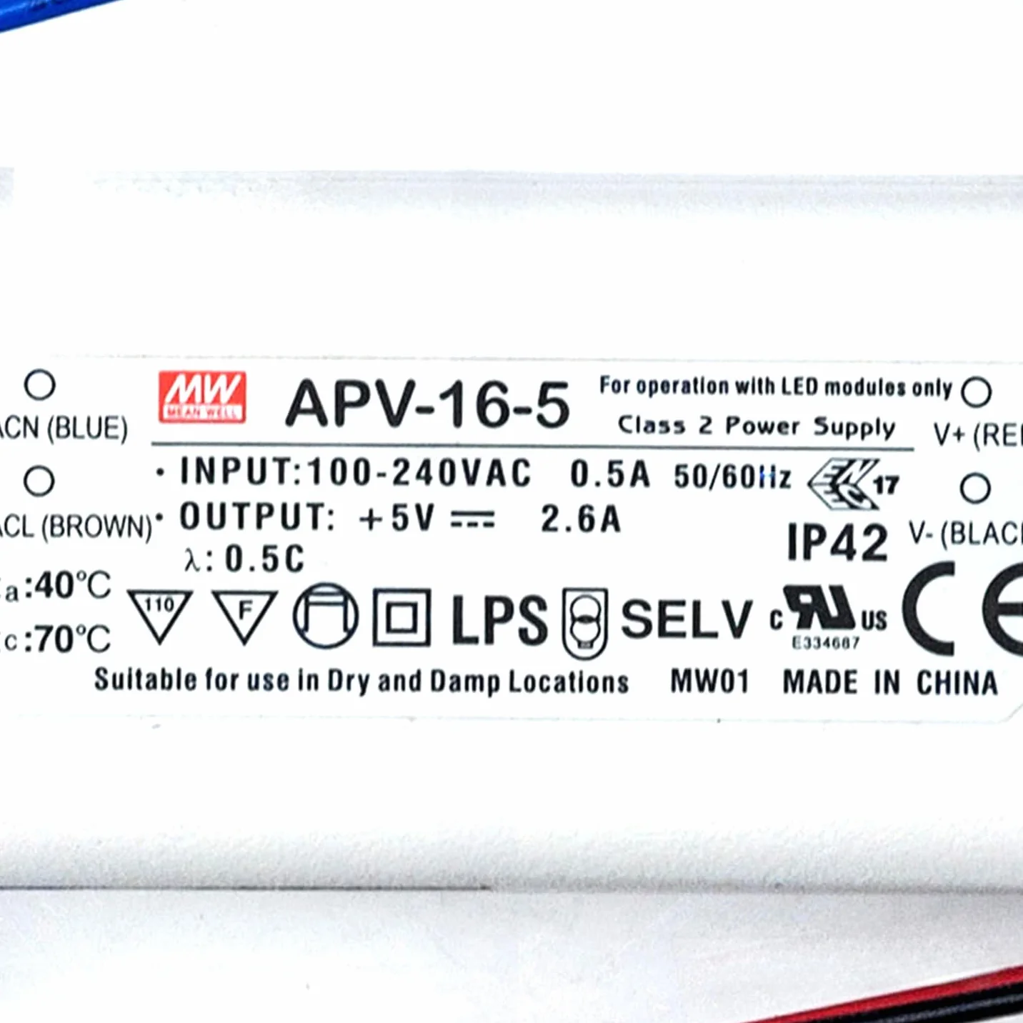 MeanWell, APV-16-5 zasilacz sieciowy LED 13 W 5 V 2,6 A; zasilacz impulsowy