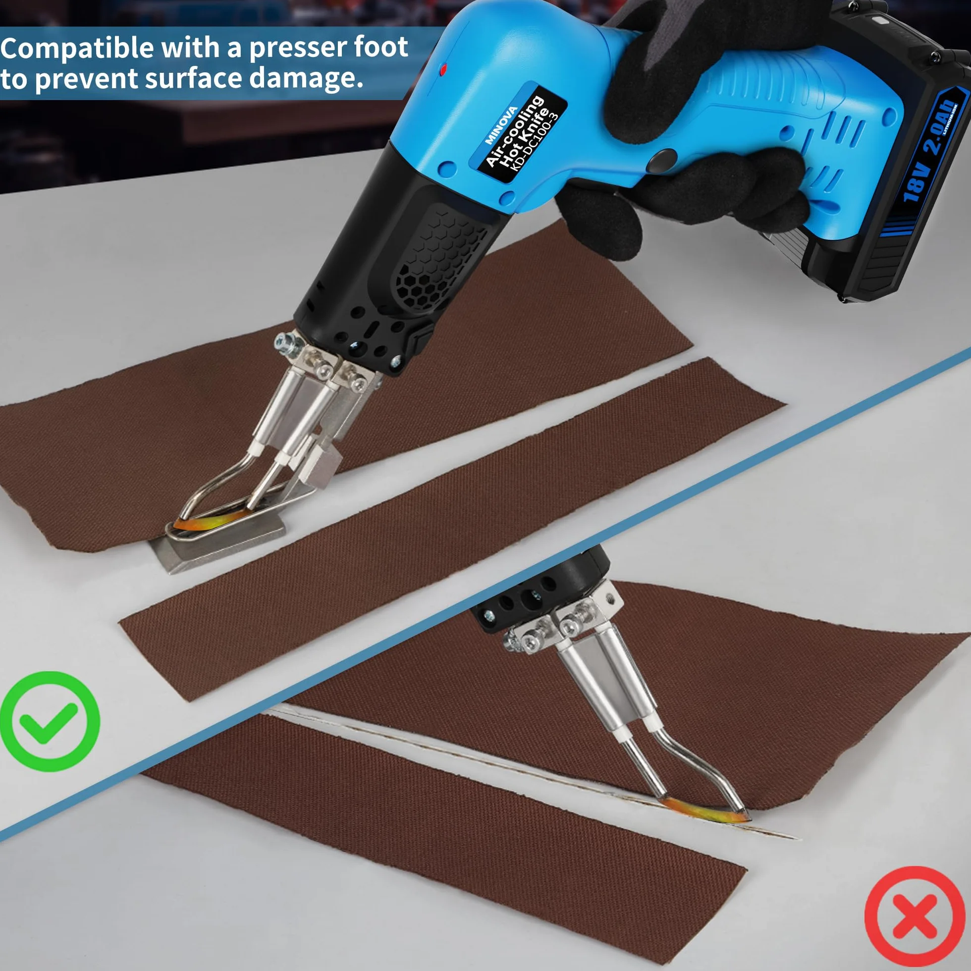 MINOVA Bezprzewodowy chłodzony powietrzem Pro elektryczny nóż do cięcia tkanin zestaw narzędzi do cięcia liny z ostrzami i akcesoriami 2,0 Ah 18 V (nóż do liny i tkanin)