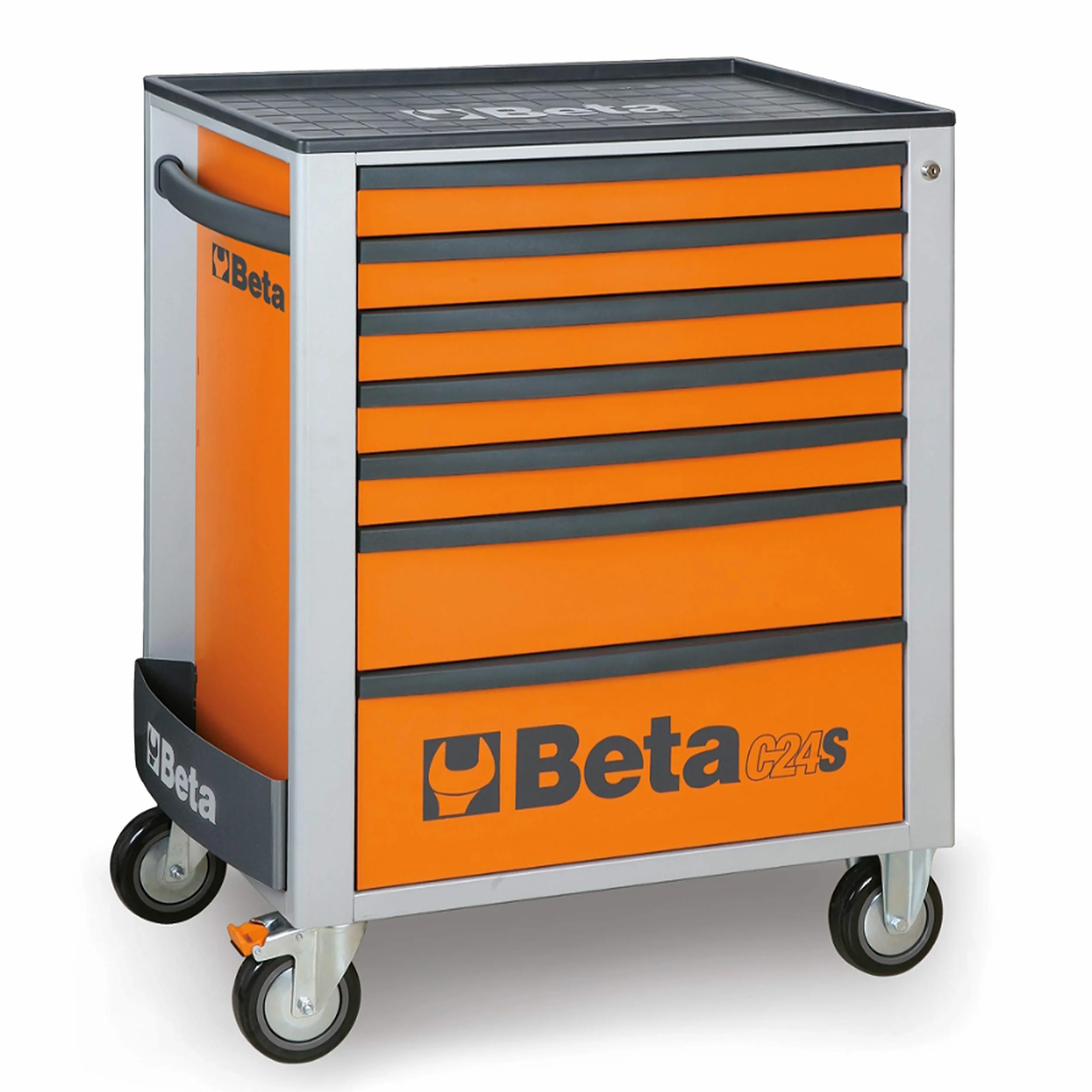 BETA C24S/7 wózek narzędziowy z siedmioma szufladami, pusty wózek warsztatowy na narzędzia (duża skrzynka na narzędzia na kółkach, z blatem roboczym ABS, z zamkiem centralnym), pomarańczowy