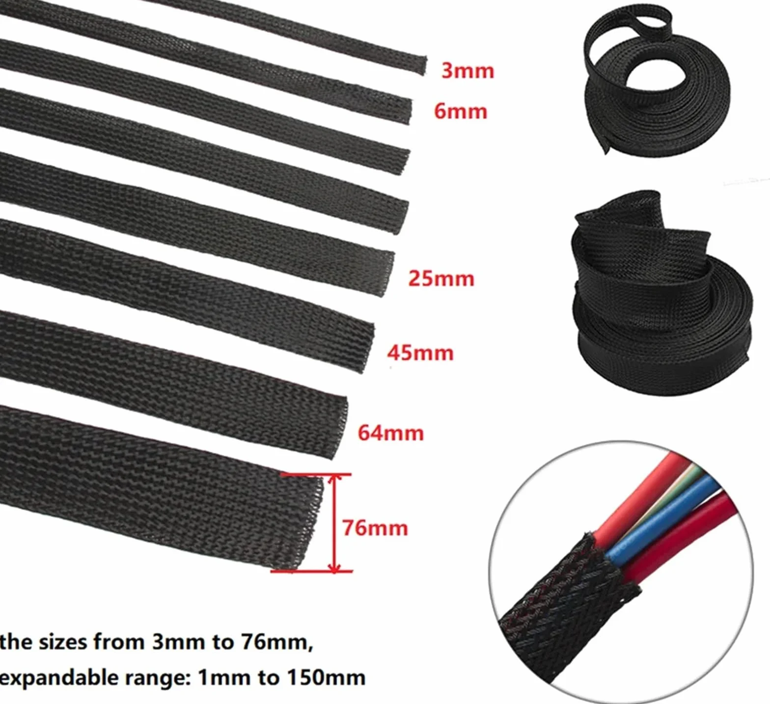Pleciona osłona przewodów, Czarna, pleciona tuleja kablowa z izolacją PET 4-60 mm 1-200 m Organizator kabli(12mm,200 Meters)