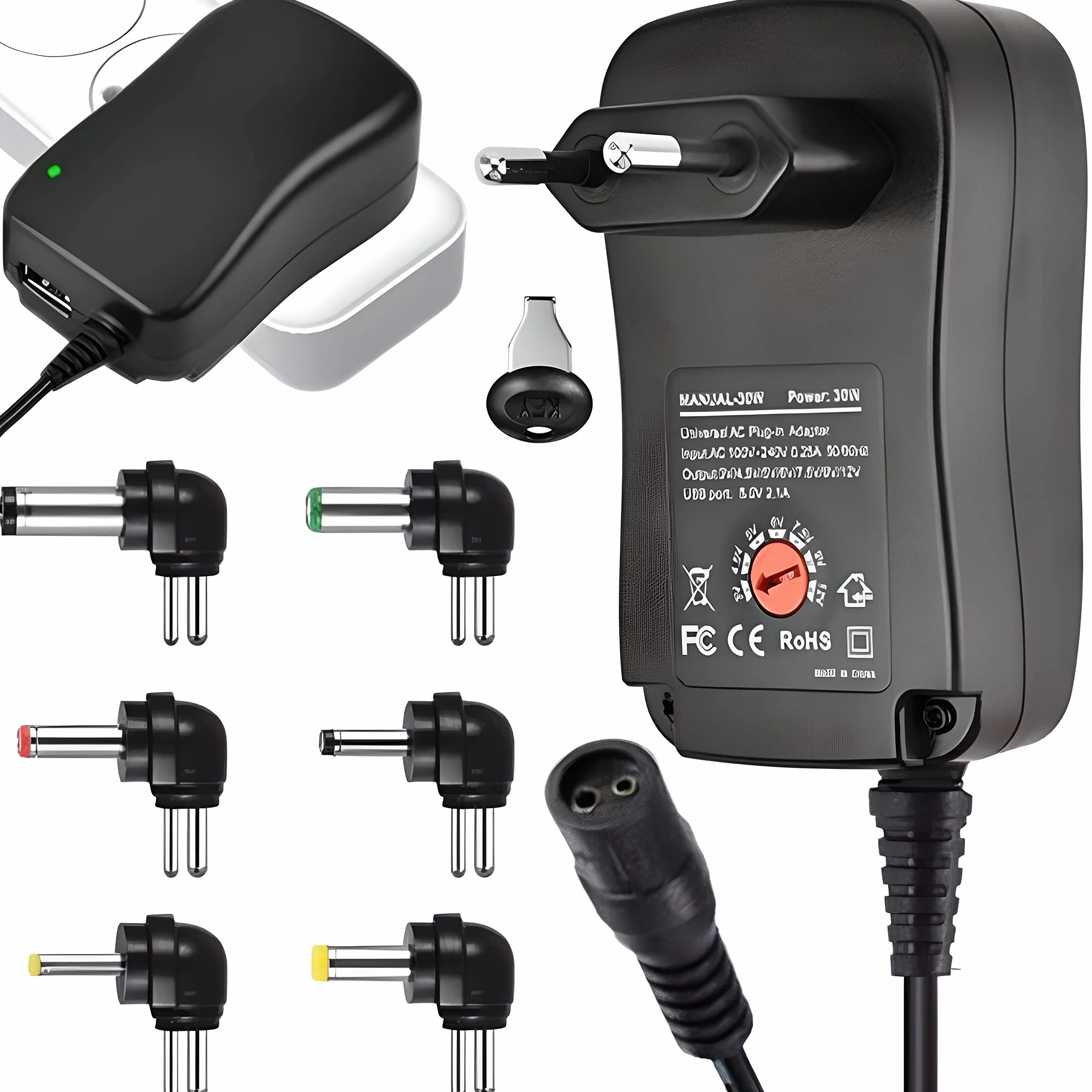 Retoo Uniwersalny zasilacz AC 12 V, uniwersalny zasilacz 30 W, 6 wyjmowanych gniazd, regulowany zasilacz do urządzeń elektronicznych 3-12 V i taśm LED, adapter do