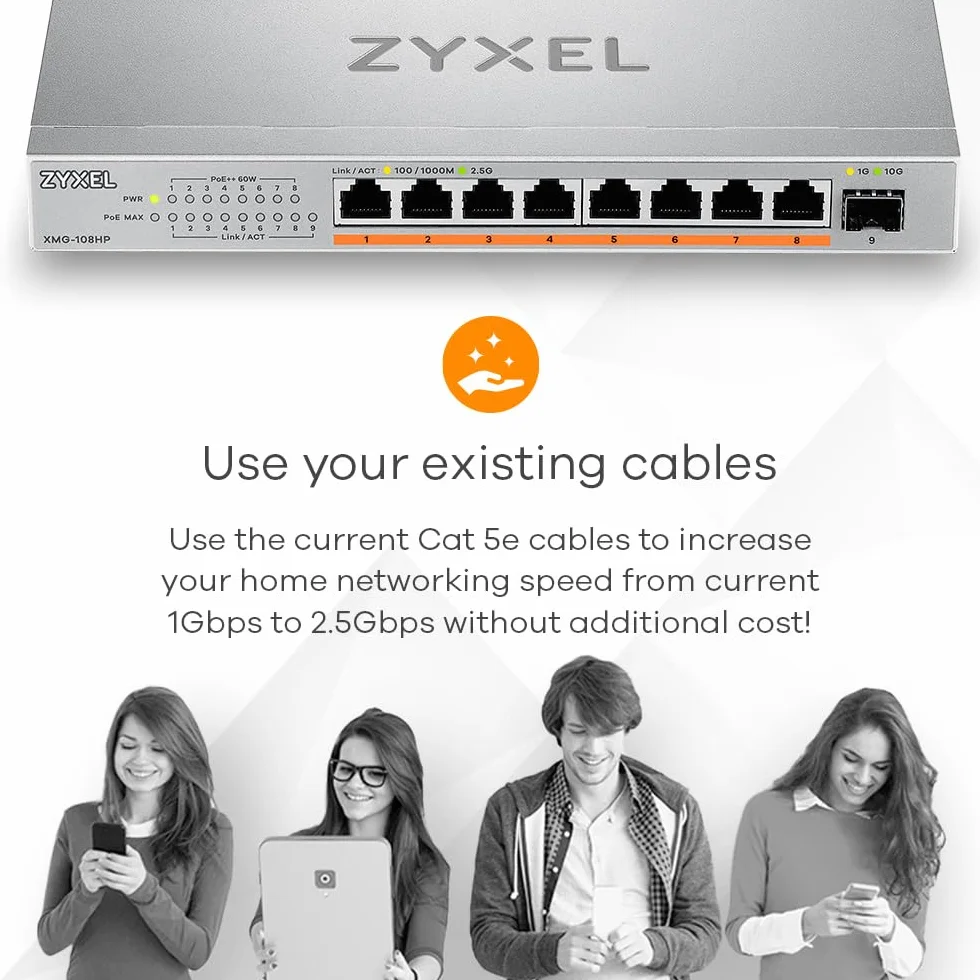 Zyxel 8-portowy przełącznik niezarządzalny PoE 2.5G Multi-Gig @ 100 W z 8 x PoE++ (60 W) | 1 x 10G SFP+ |do montażu na biurku lub na ścianie [XMG-108HP]