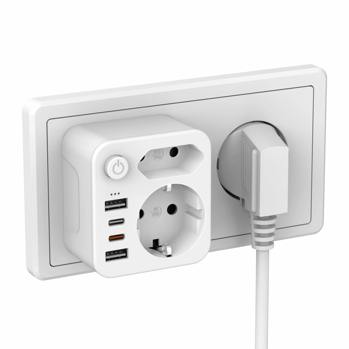 Wielokrotna wtyczka do gniazdka, z USB, podwójna wtyczka do gniazdka, adapter z 2 USB A i 2 USB C (5 V/PD20 W), przełącznik oszczędzania energii