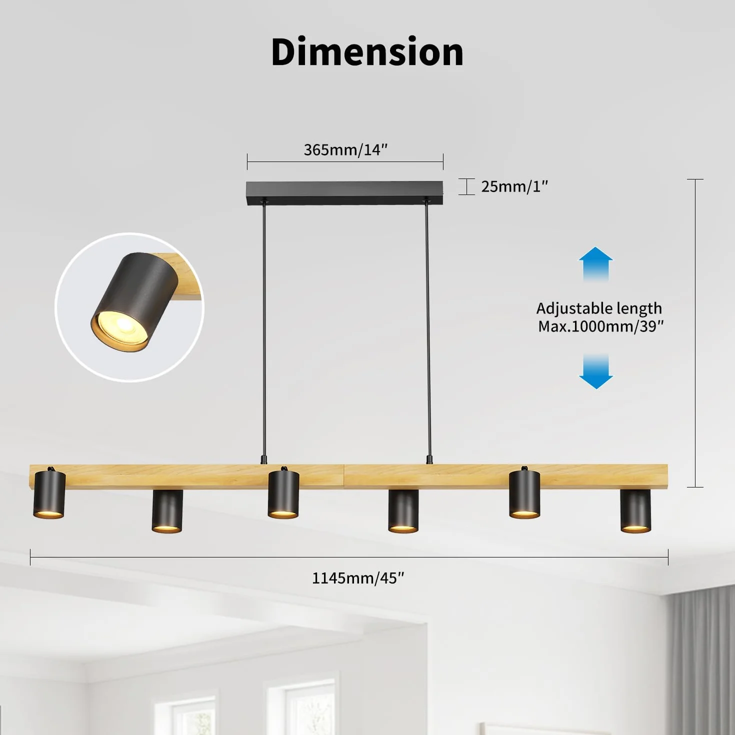 LVWIT Czarne lampy wiszące, lampy wyspowe do kuchni GU10, drewniane lampy sufitowe, lampa sufitowa do jadalni z 6 podstawami, salonu, sypialni, przedpokoju (bez żarówek)