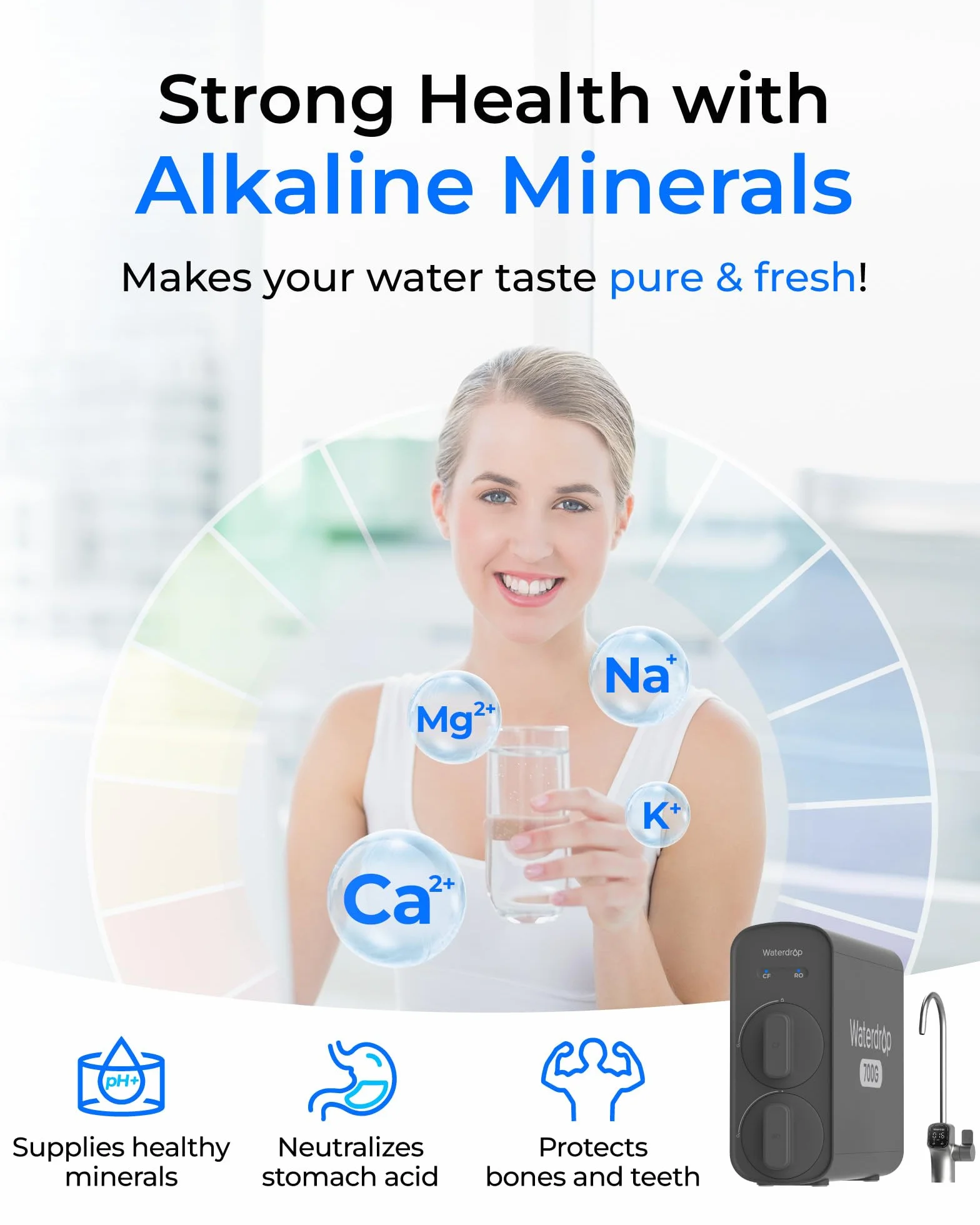 Waterdrop G5P700A alkaliczny mineralny filtr wody pH+ odwróconej osmozy, certyfikat NSF/ANSI 372, system odwróconej osmozy 700G, 8-stopniowy system filtracji wody RO, czysty do spustu, inteligentny
