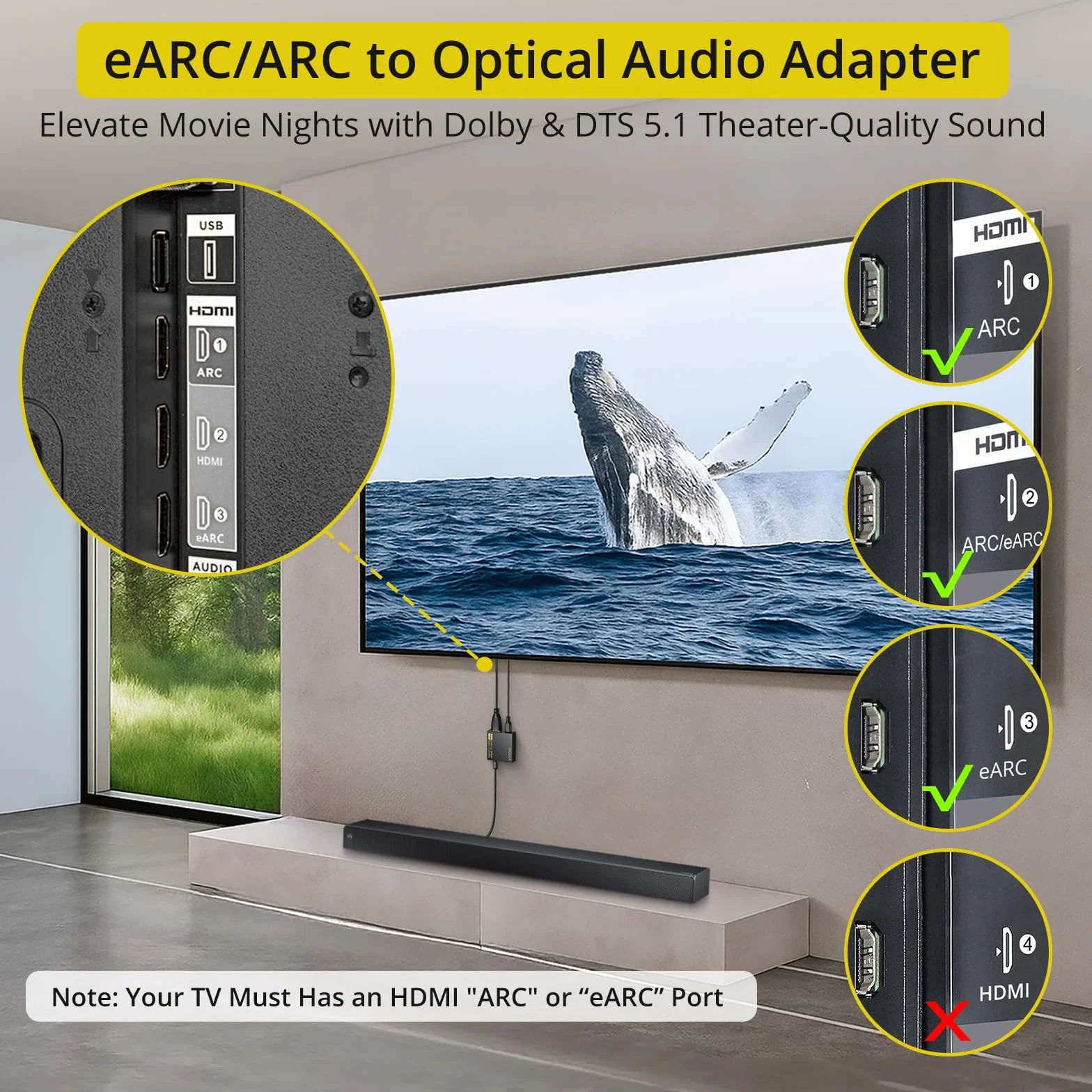 PROZOR EARC ARC Audio Extractor HDMI na optyczny konwerter Toslink 192KHz 24bit Adapter