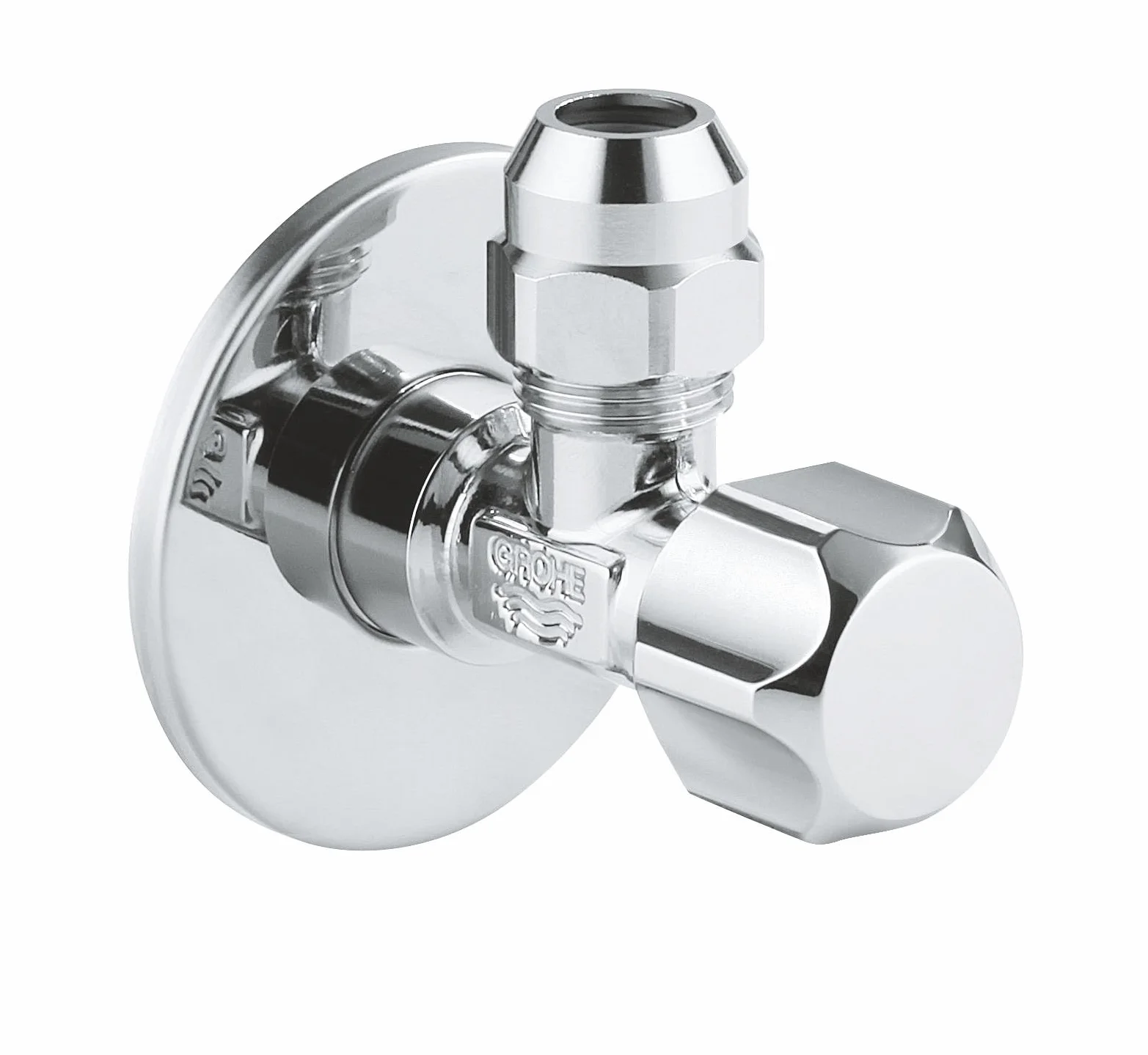 Grohe 22023000 Zawór Kątowy do Baterii Jednouchwytowej z Samouszczelniającym Gwintem Przyłączeniowym Przyłącze ścienne 1/2 cala z Rozetą Wciskaną Odpływ 3/8 cala